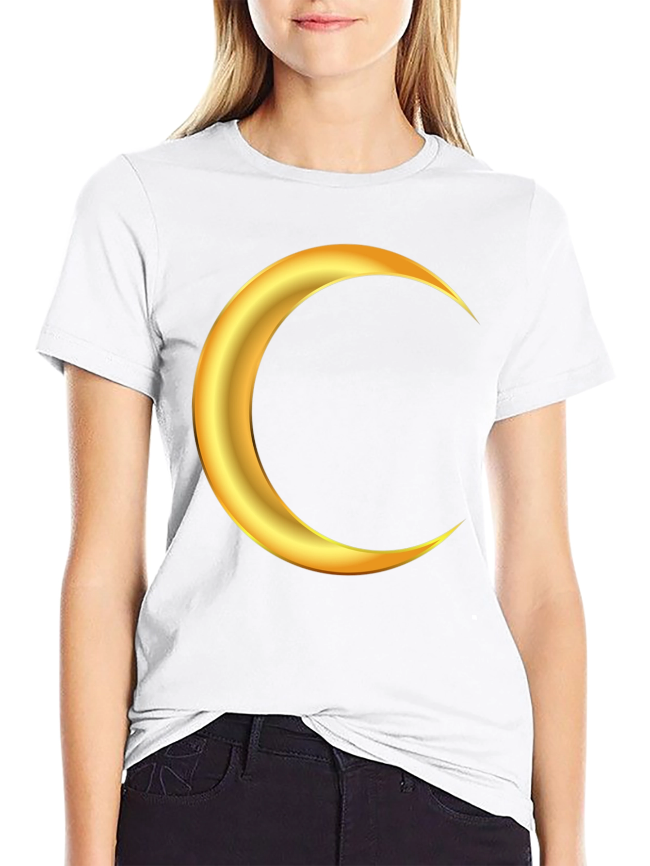 Golden Crescent Moon Graphic Black T-Shirt