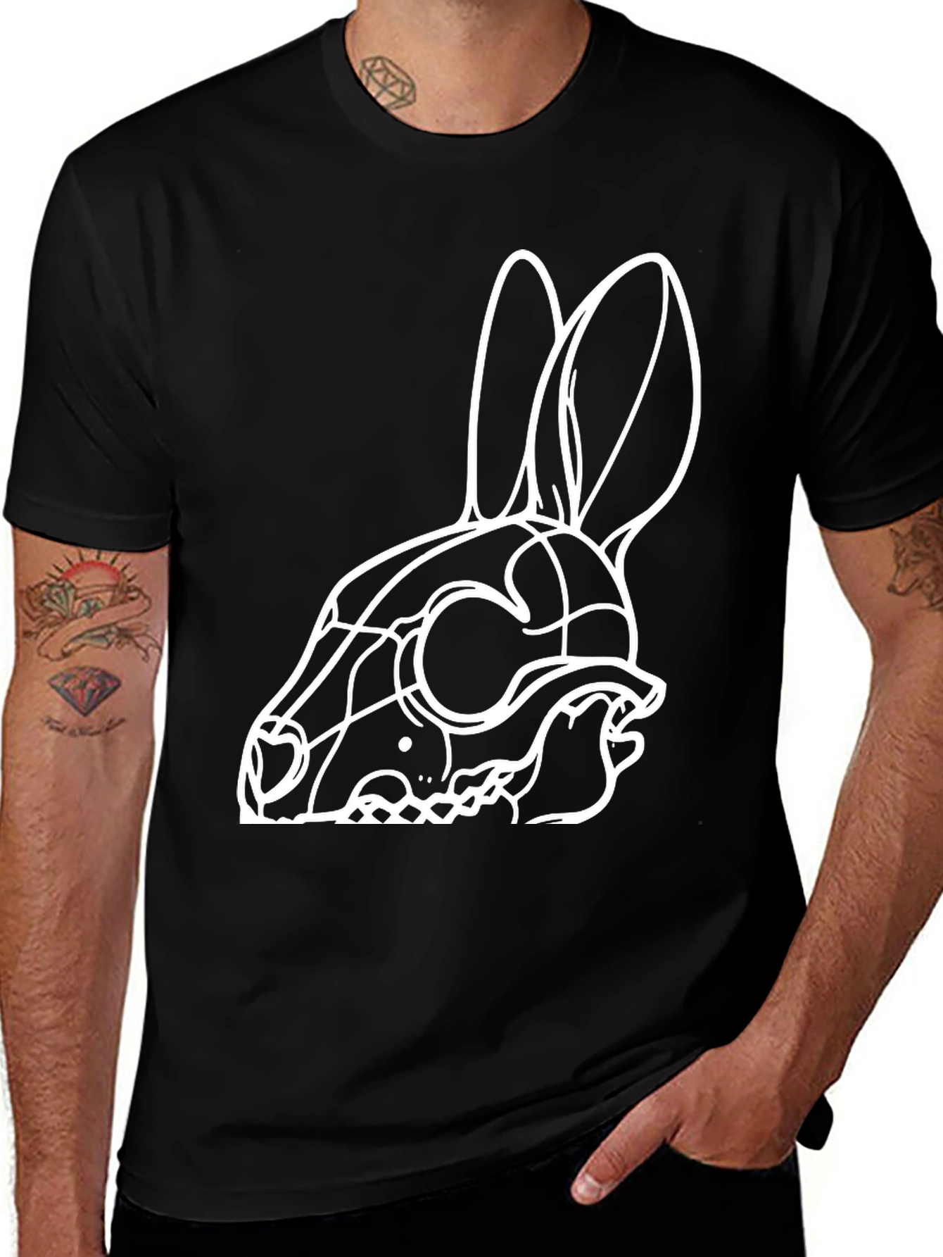 Rabbit Skull Graphic Tee - Black Cotton T-Shirt