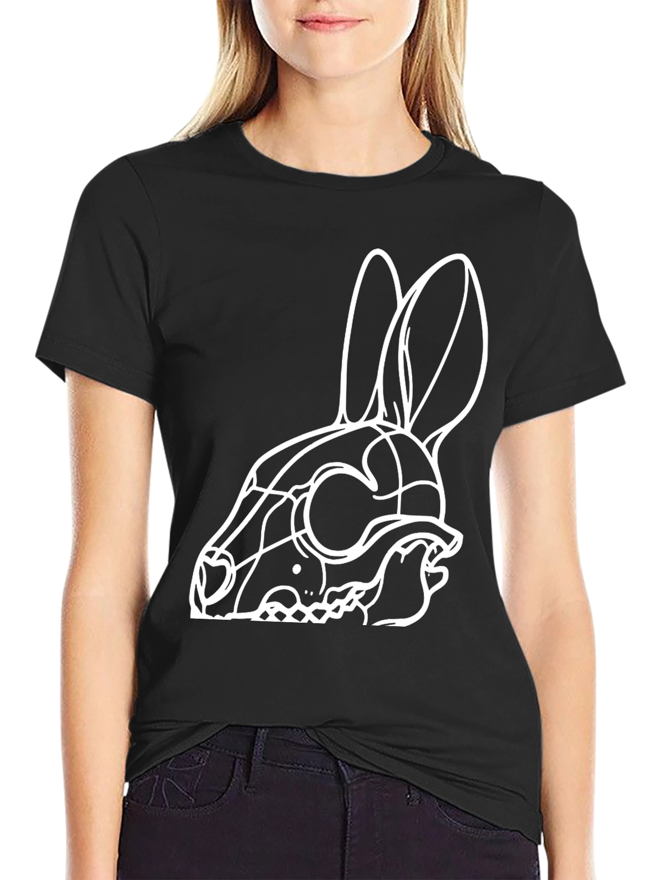 Rabbit Skull Graphic Tee - Black Cotton T-Shirt