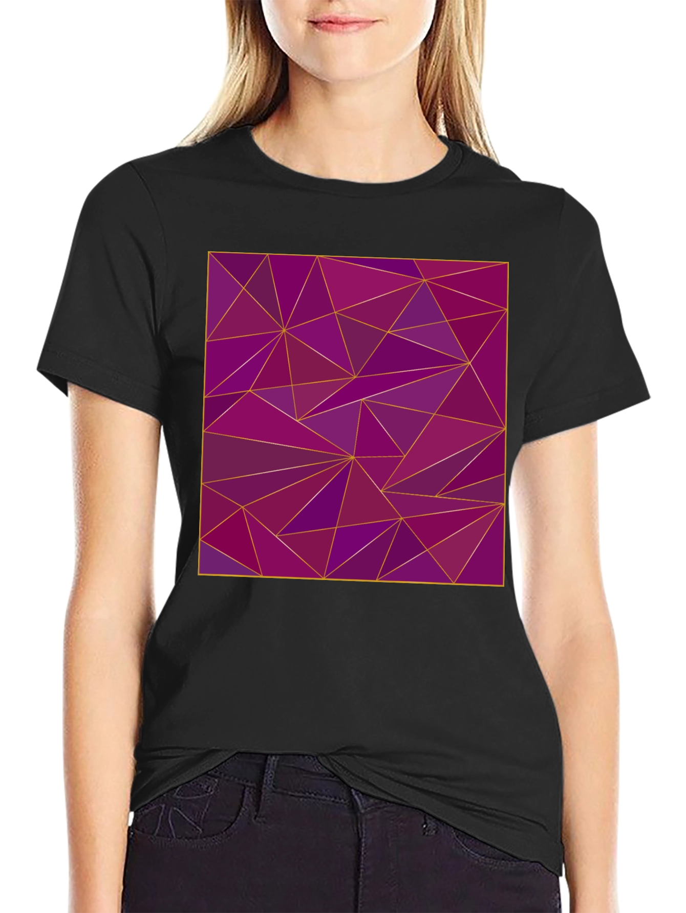 Geometric Purple Triangle Print Black T-Shirt