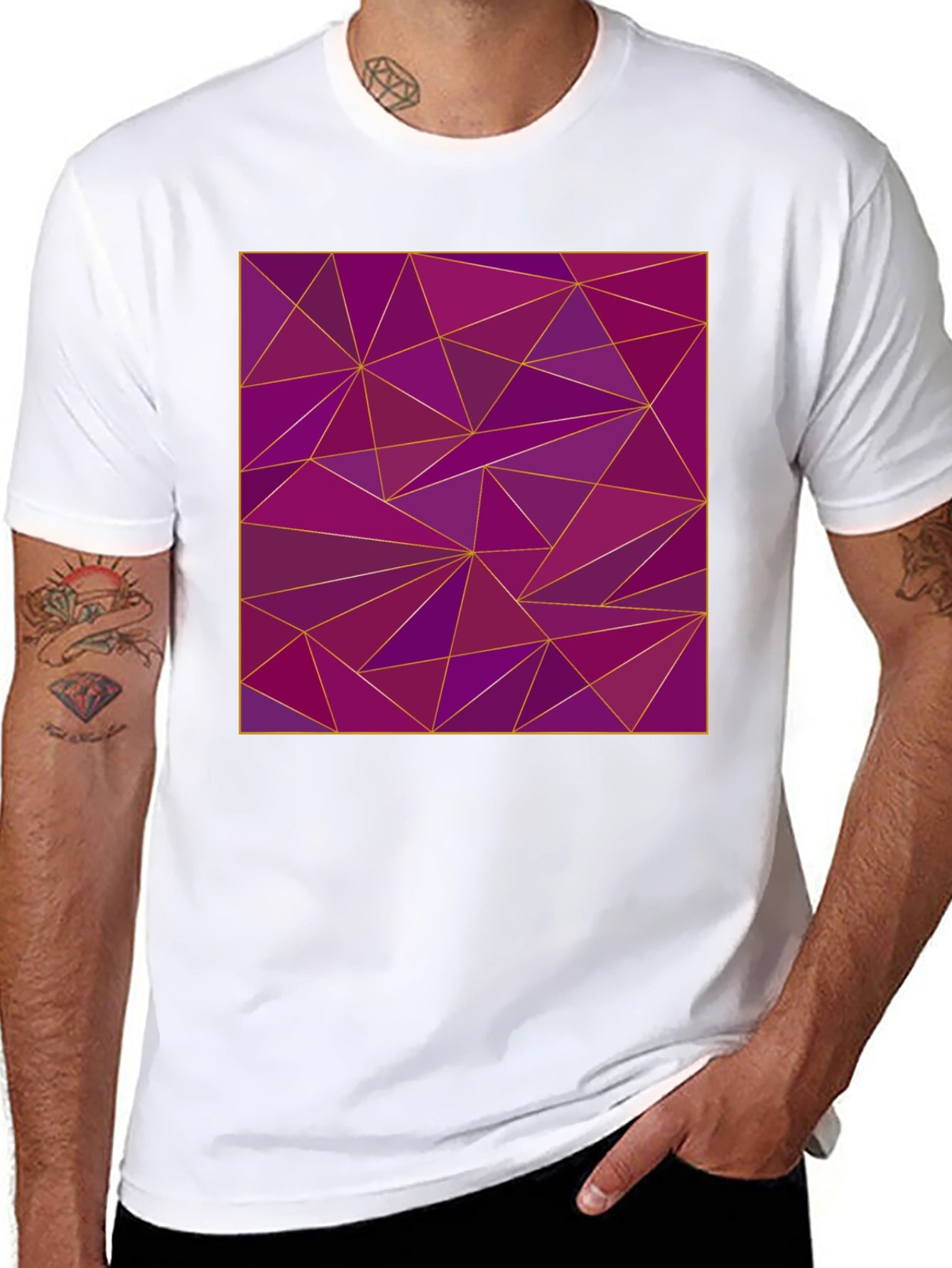 Geometric Purple Triangle Print Black T-Shirt