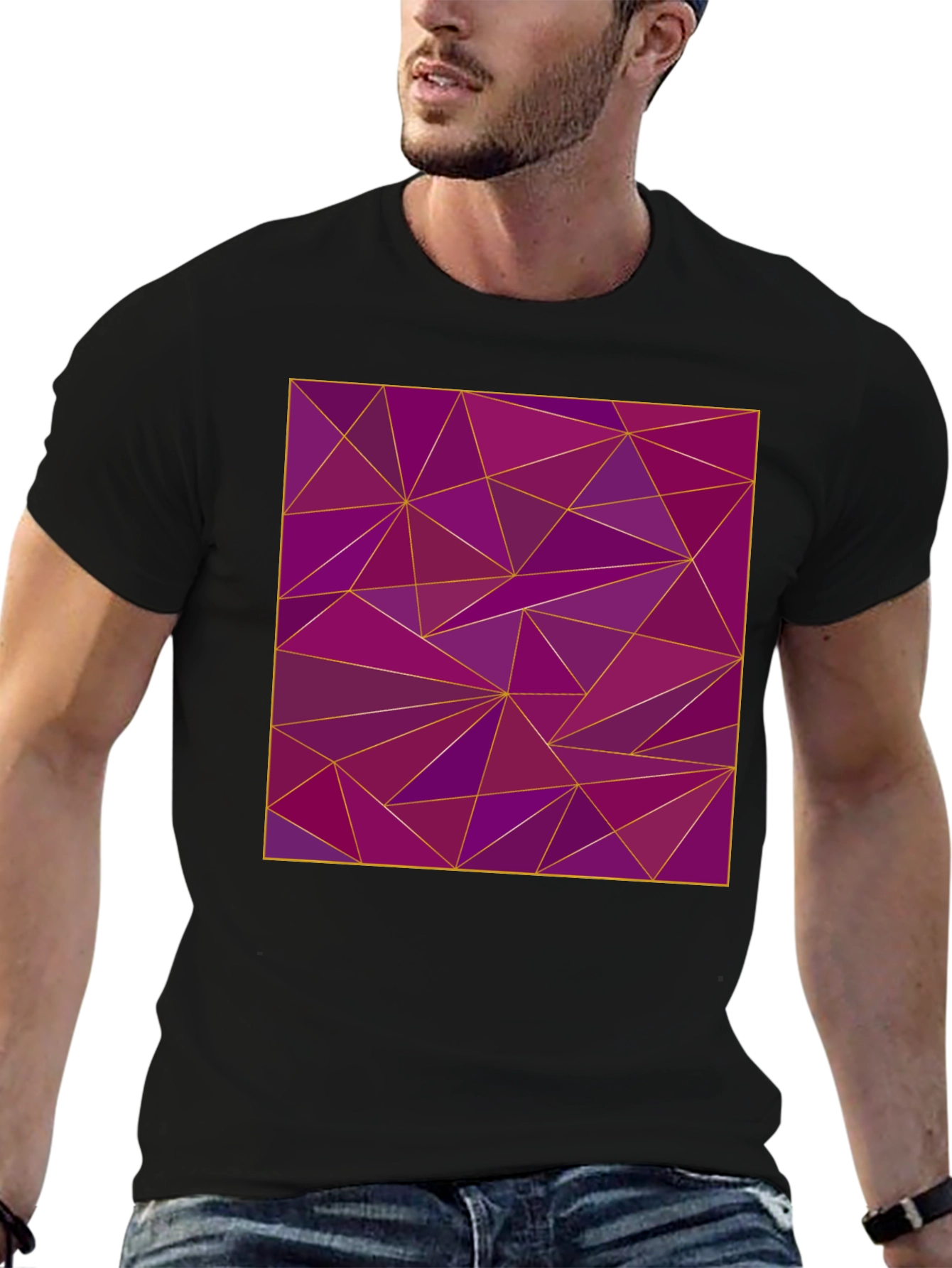 Geometric Purple Triangle Print Black T-Shirt