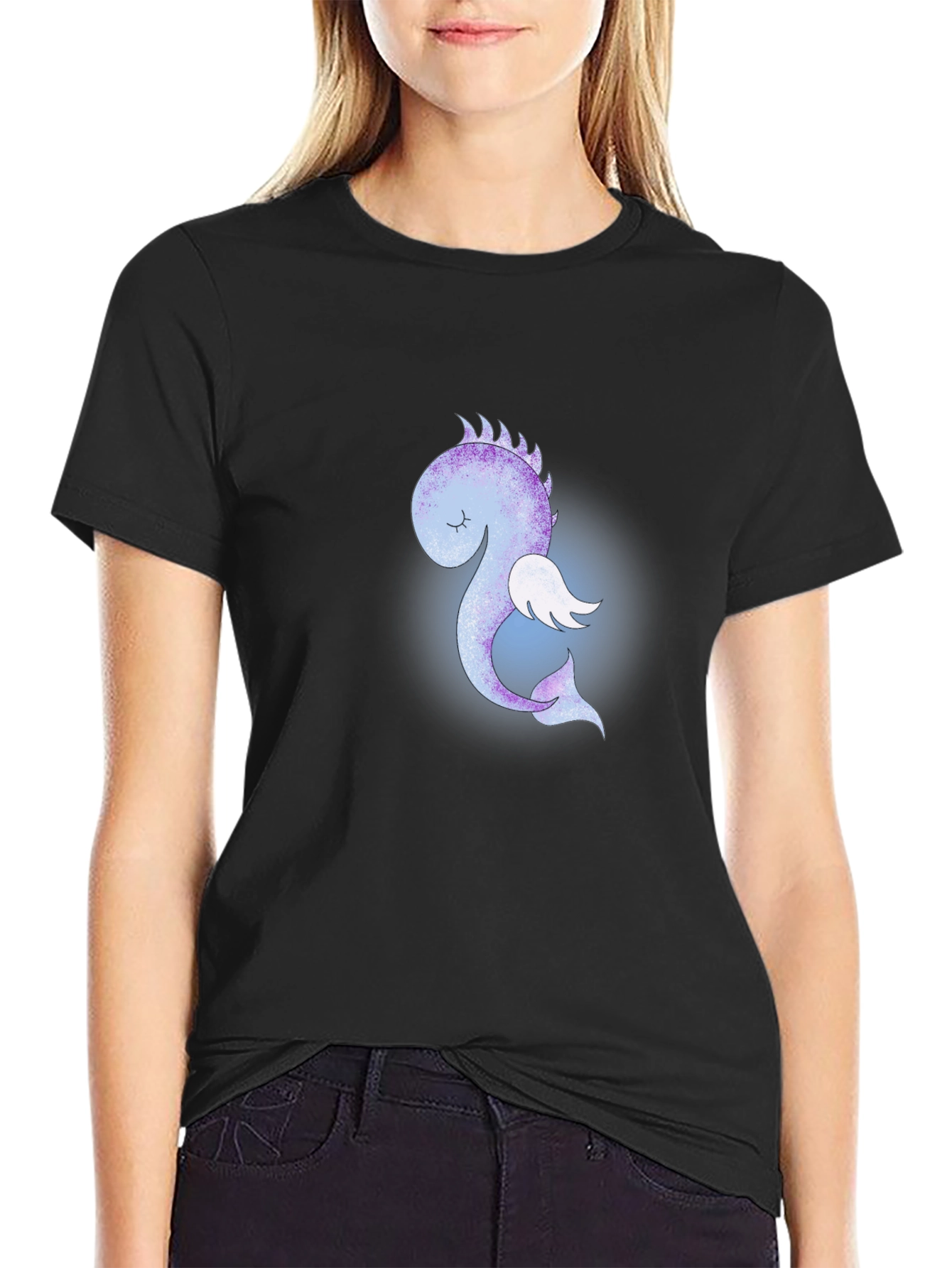 Cute Flying Sea Dragon Graphic Tee - Black