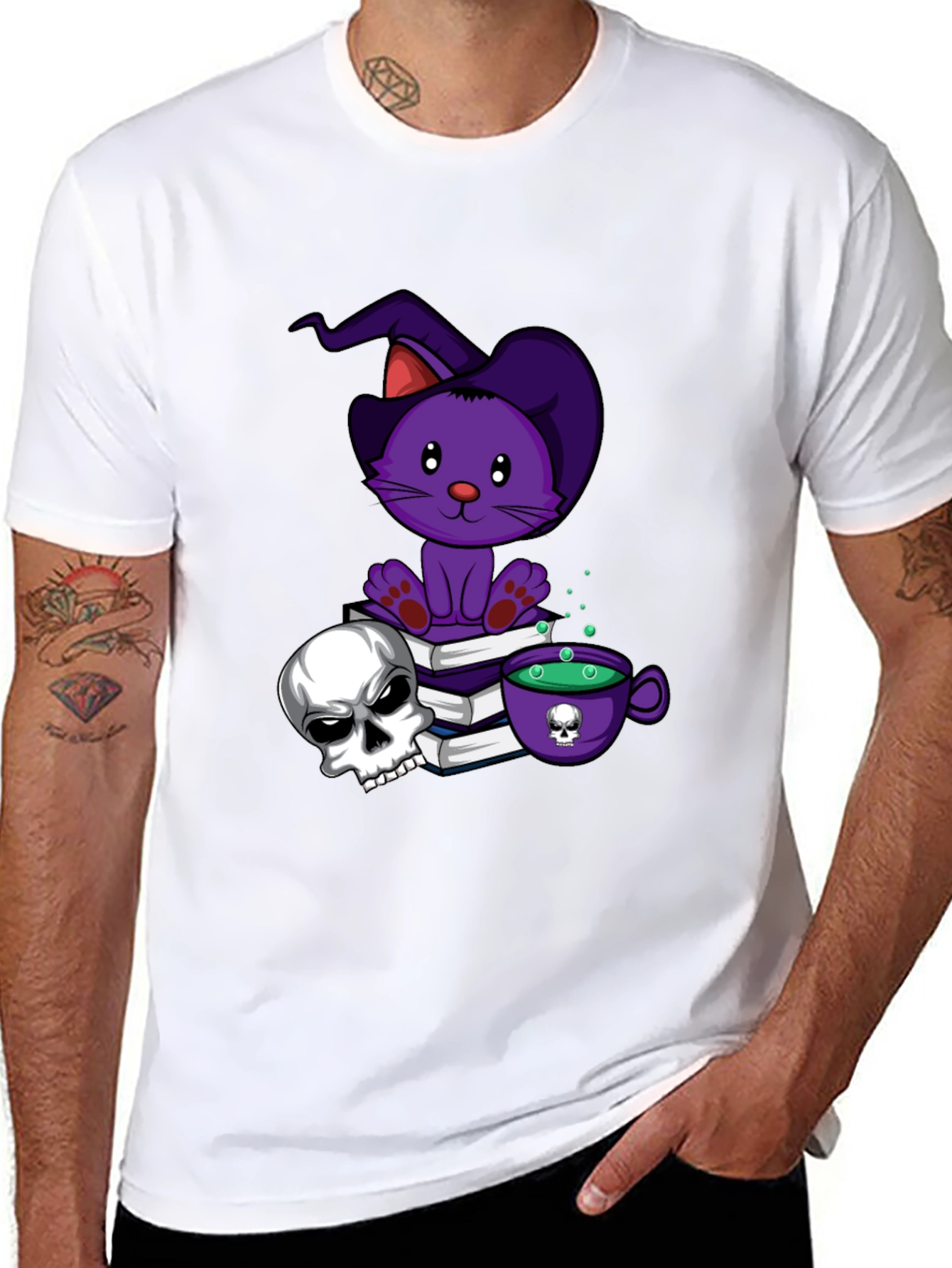 Spooky Cat T-Shirt: Witch Cat Skull & Potion