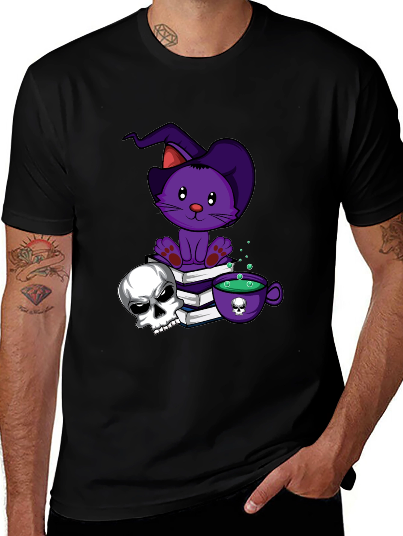 Spooky Cat T-Shirt: Witch Cat Skull & Potion