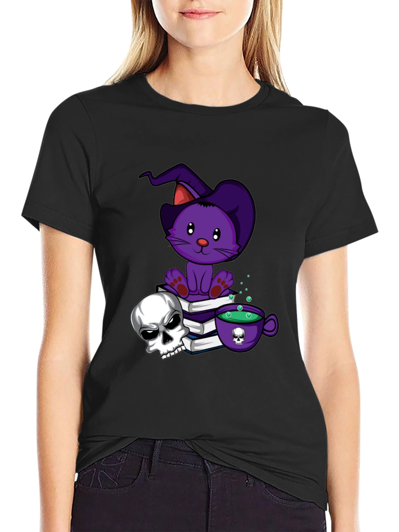 Spooky Cat T-Shirt: Witch Cat Skull & Potion