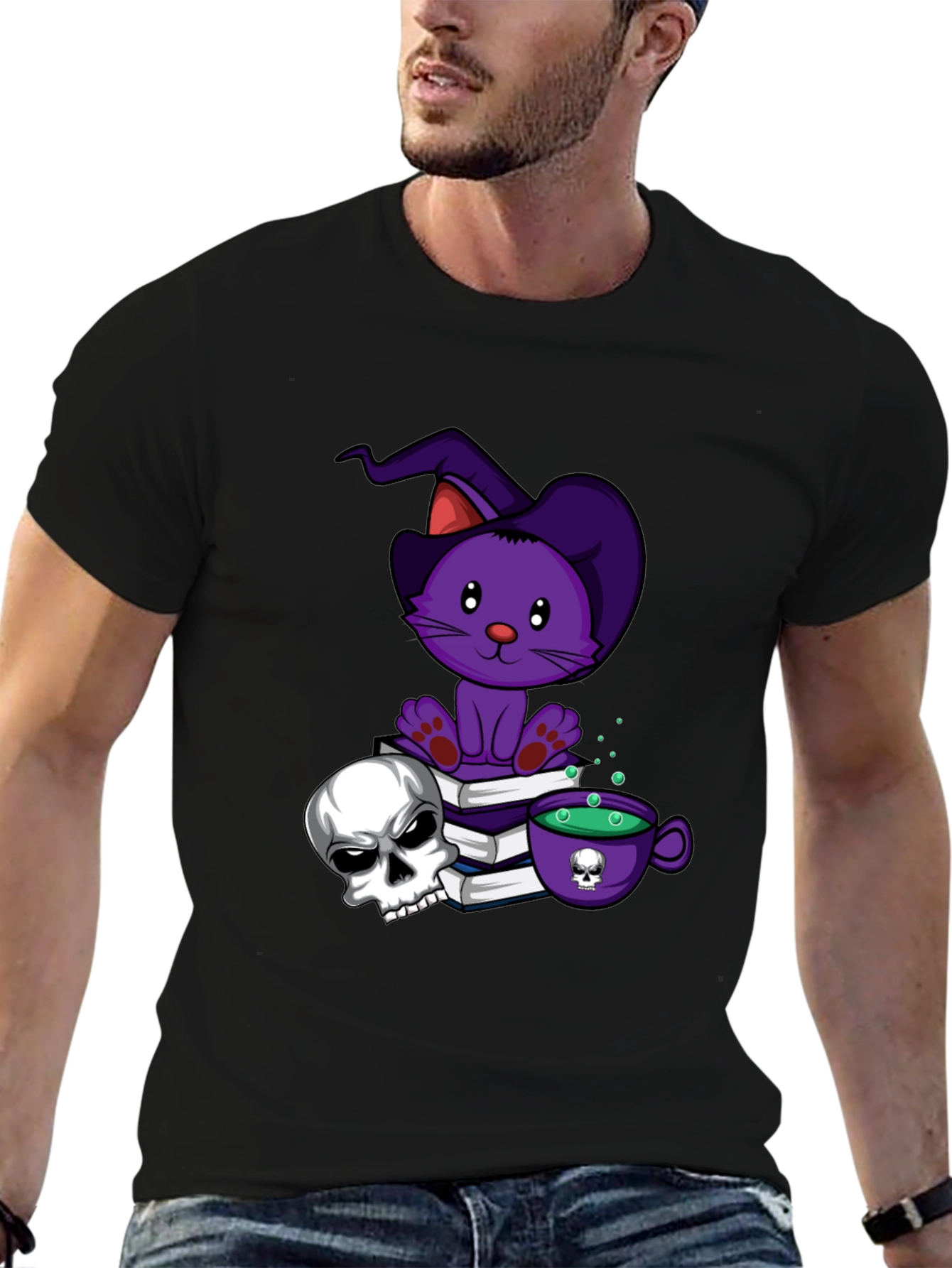 Spooky Cat T-Shirt: Witch Cat Skull & Potion