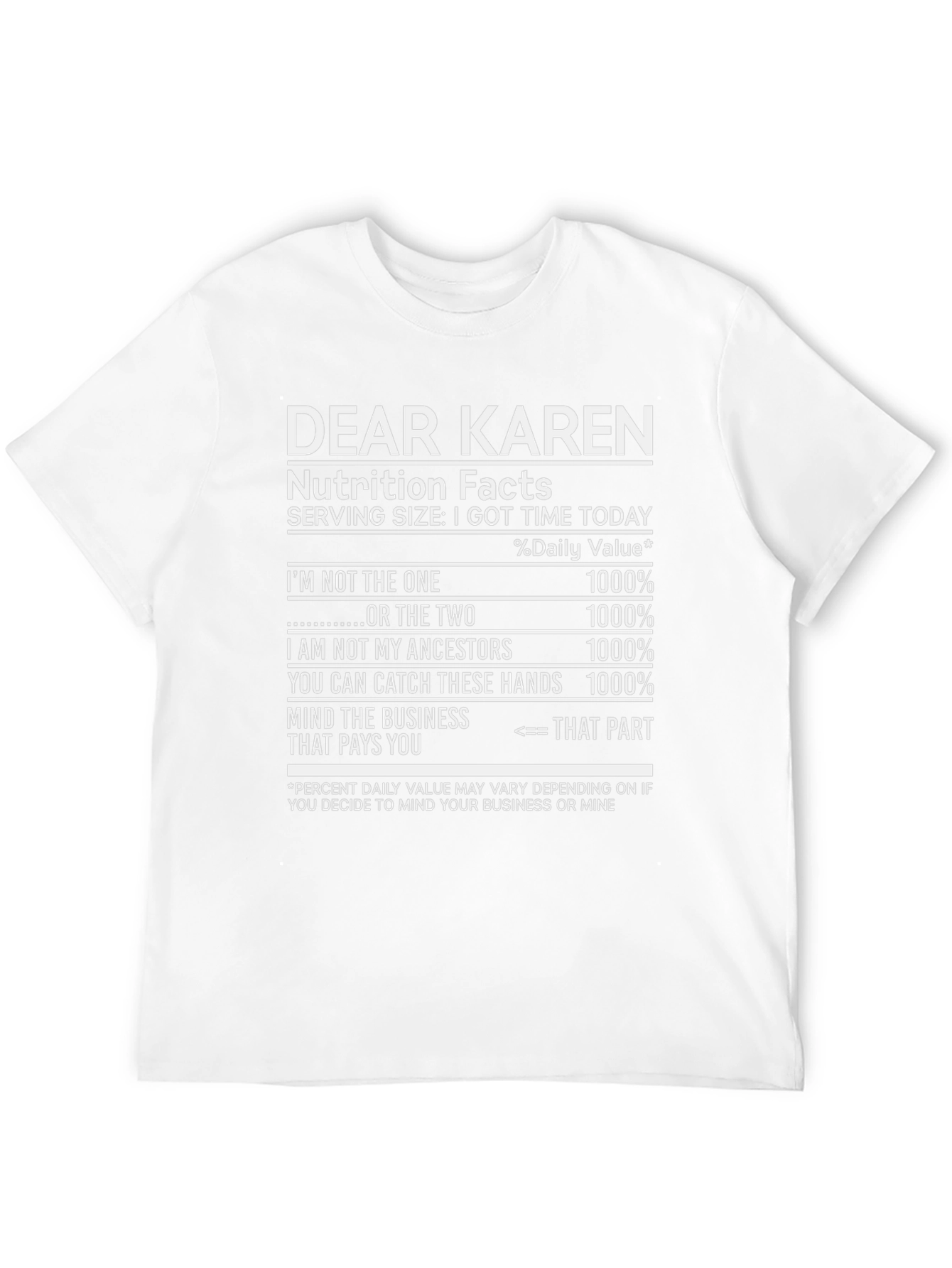 Dear Karen Nutrition Facts T-Shirt Funny Novelty Tee