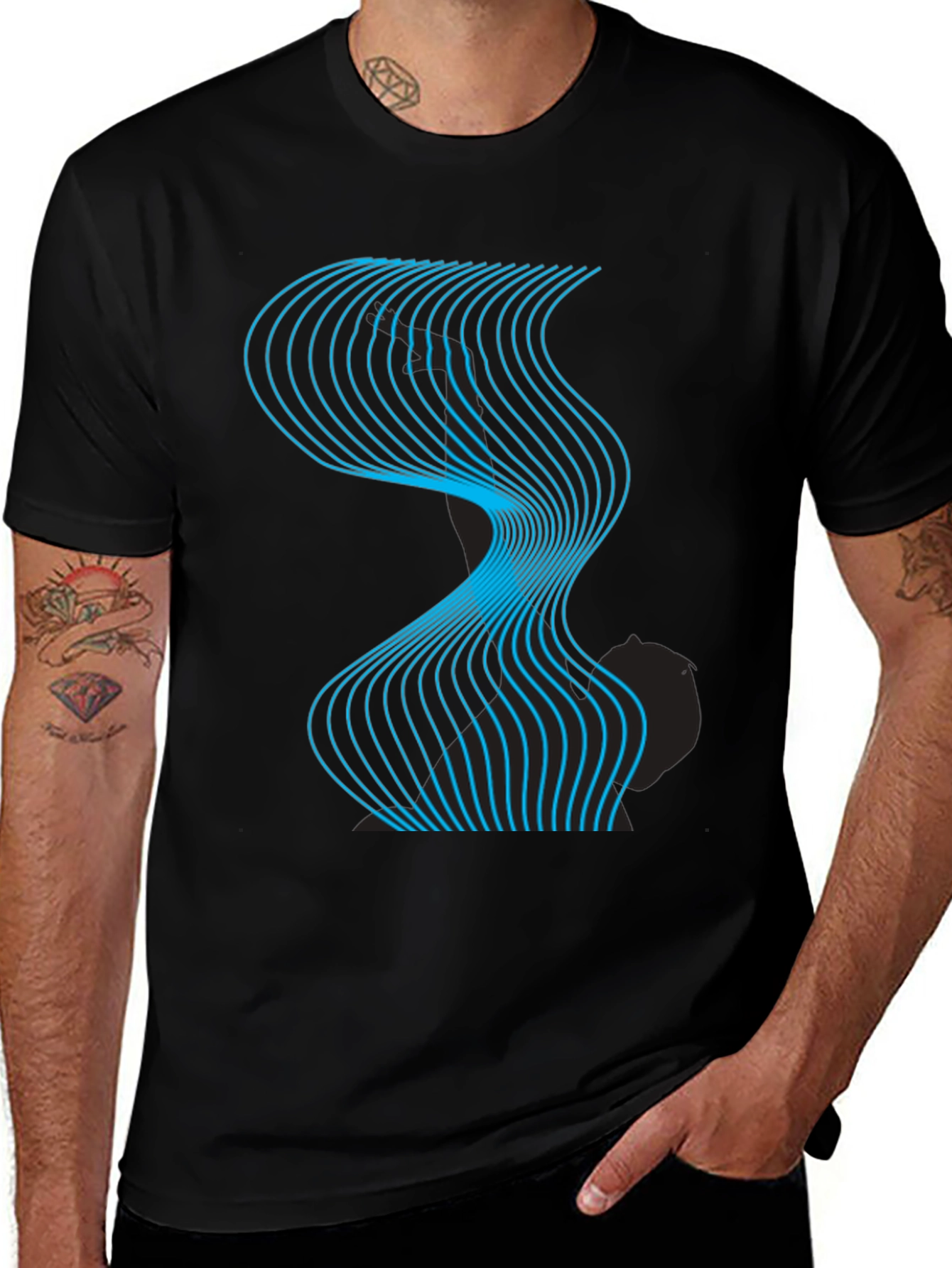 Abstract Wave Graphic Tee - Modern Design Black T-Shirt