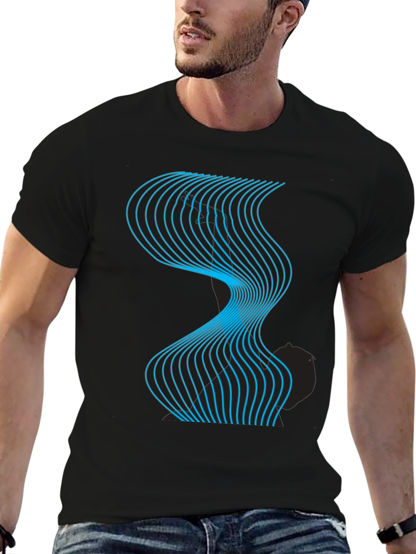 Abstract Wave Graphic Tee - Modern Design Black T-Shirt
