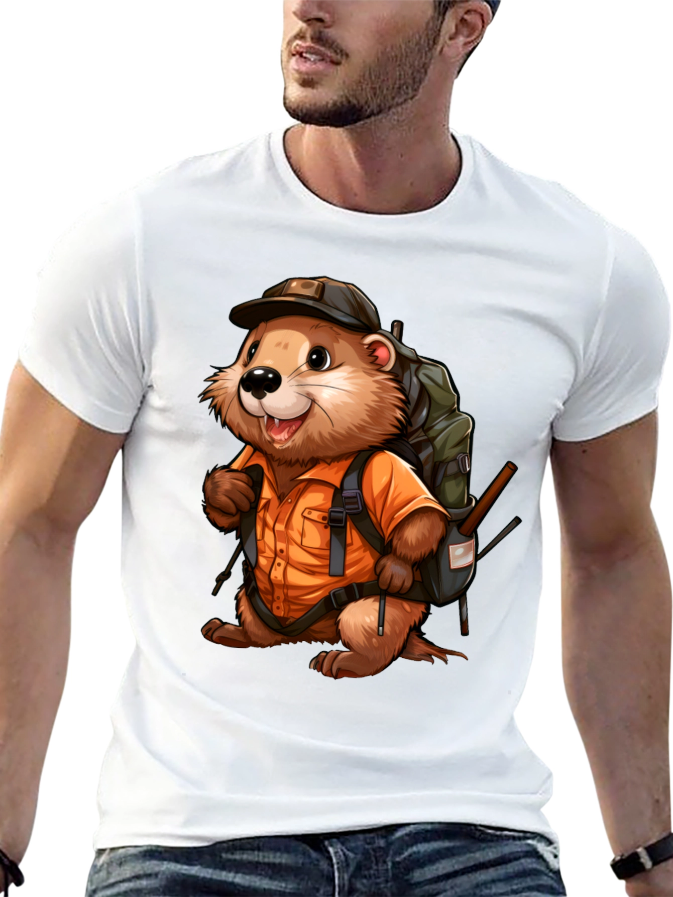Cartoon Beaver Hiker Graphic T-Shirt