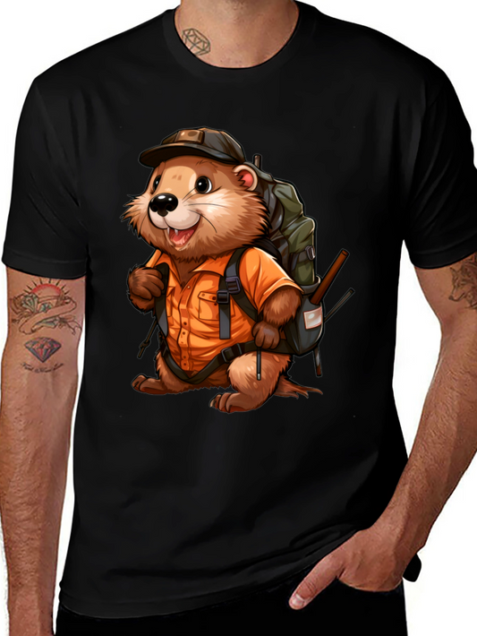 Cartoon Beaver Hiker Graphic T-Shirt