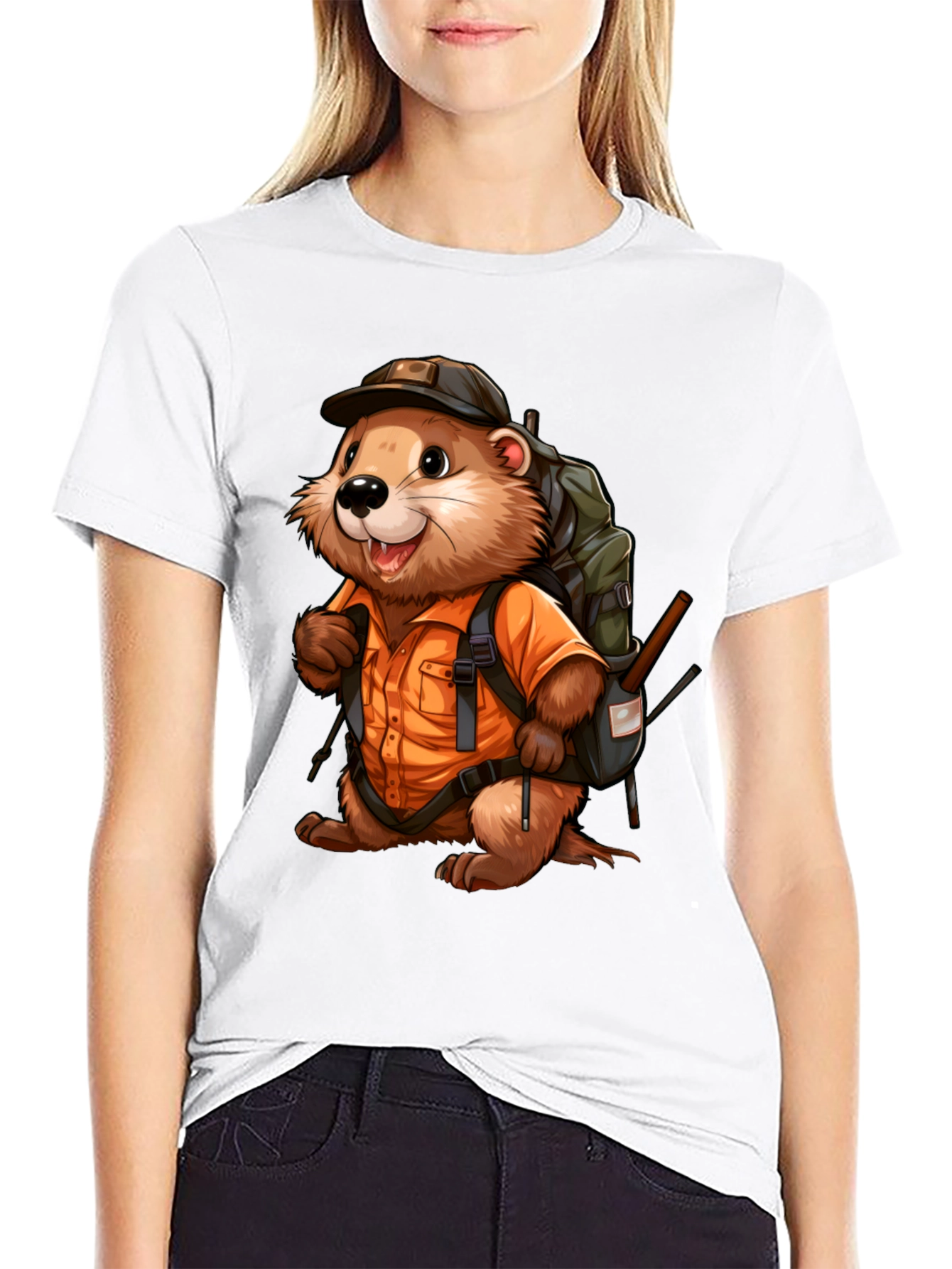 Cartoon Beaver Hiker Graphic T-Shirt