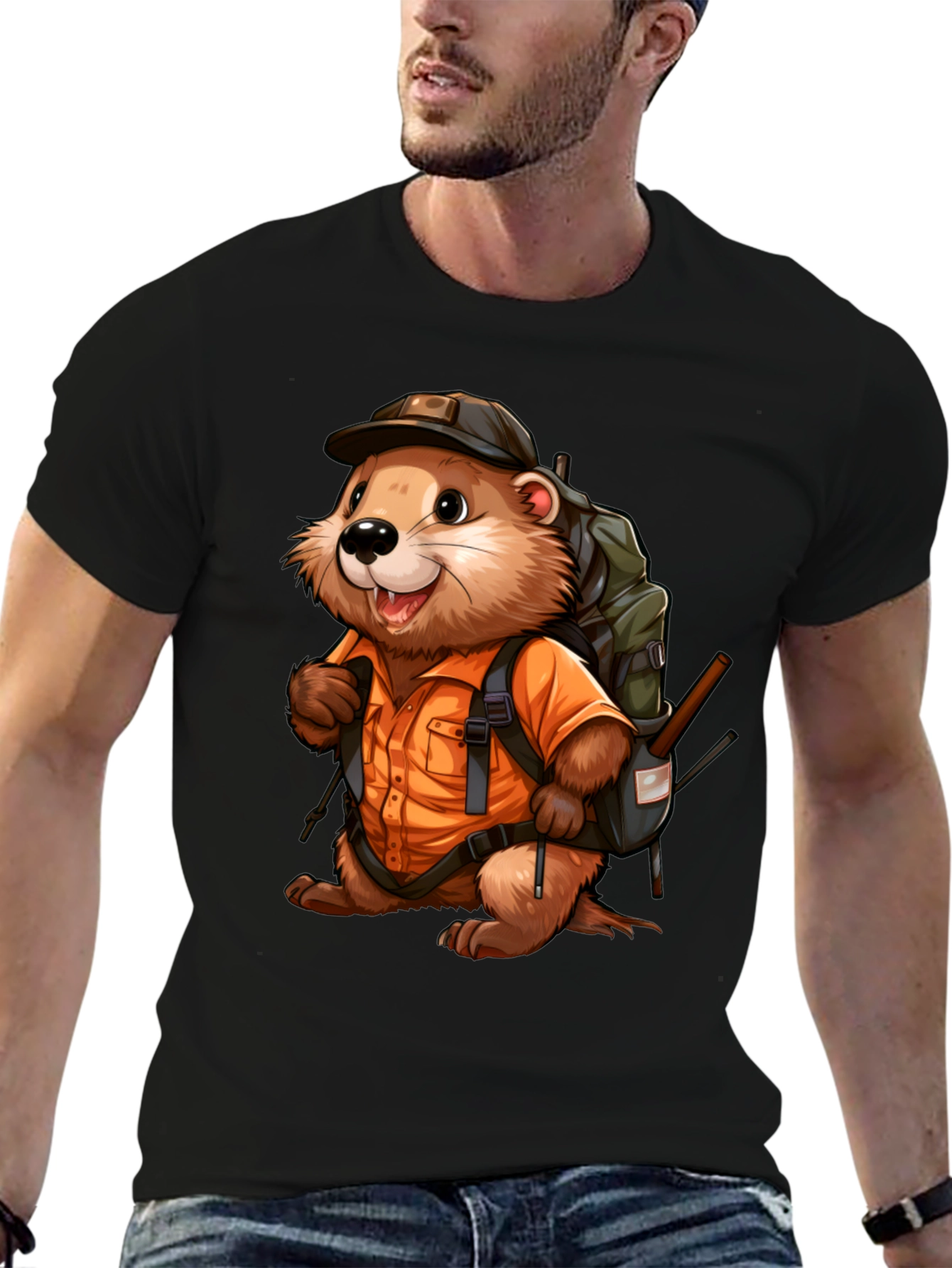 Cartoon Beaver Hiker Graphic T-Shirt
