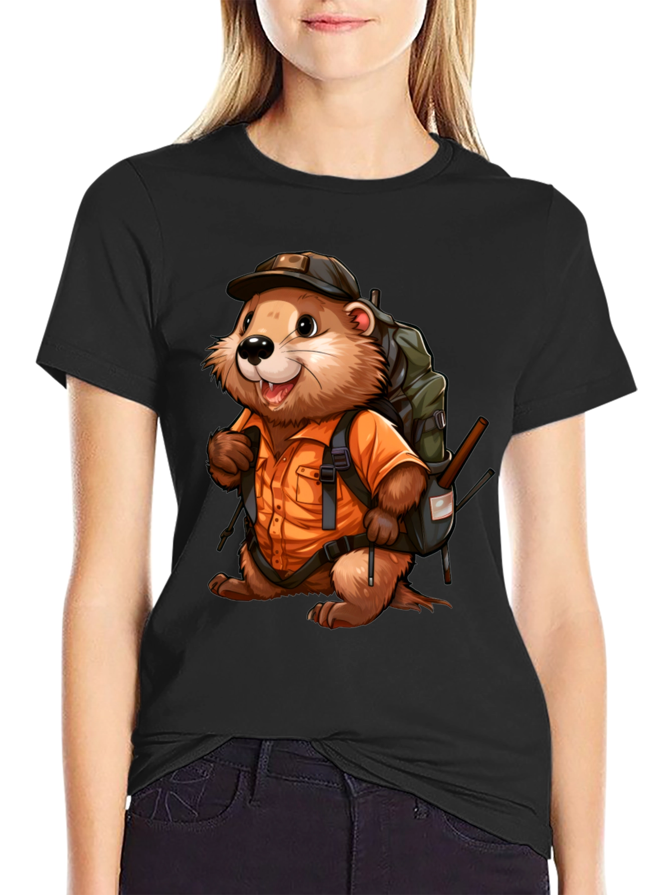 Cartoon Beaver Hiker Graphic T-Shirt