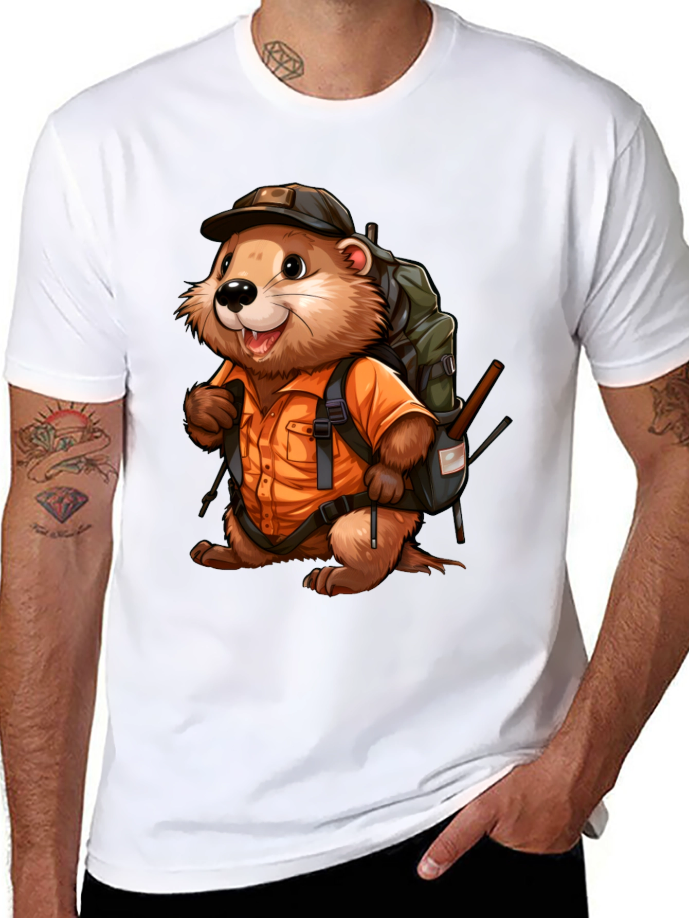 Cartoon Beaver Hiker Graphic T-Shirt