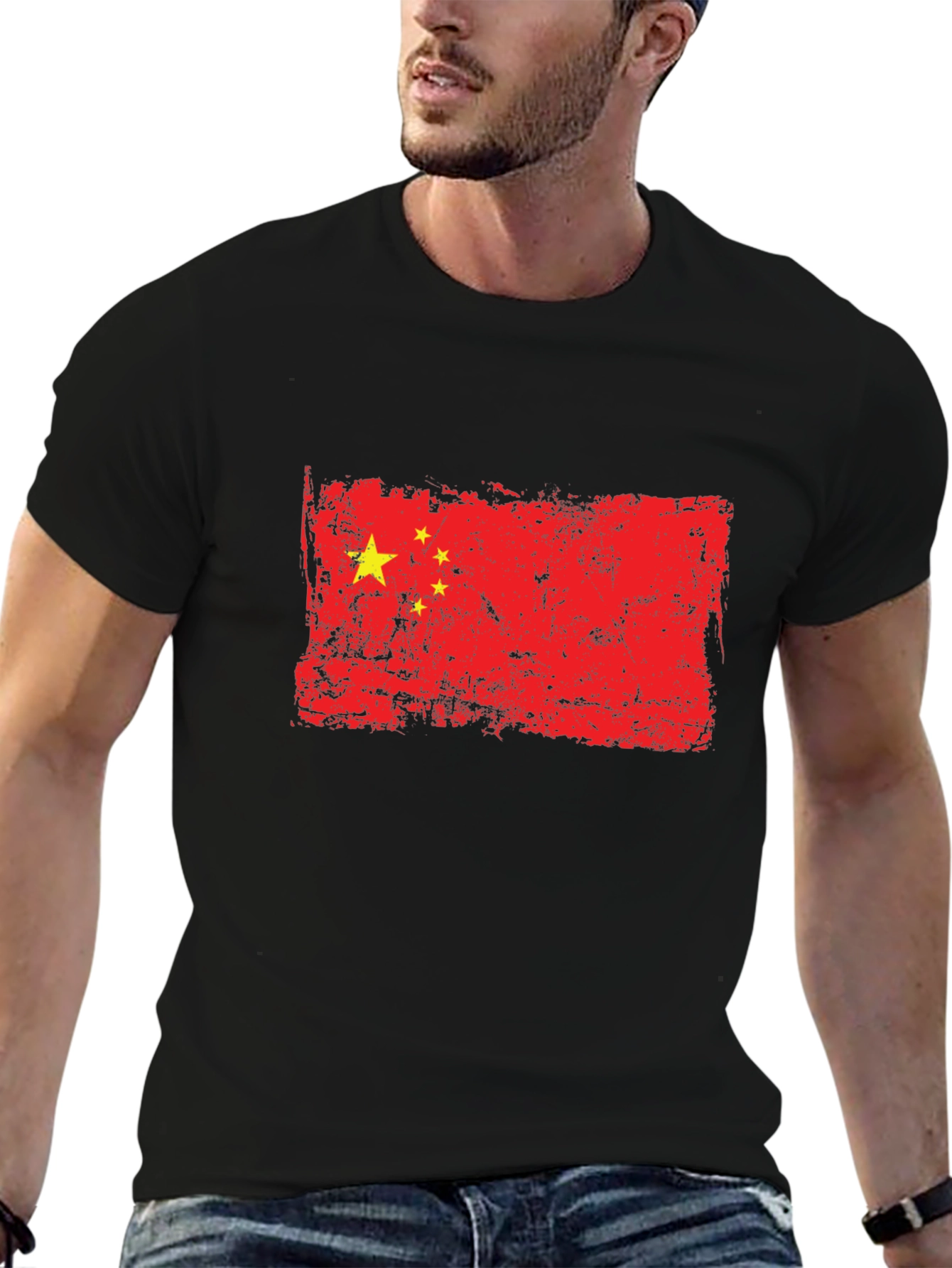 Distressed China Flag Graphic Black T-Shirt
