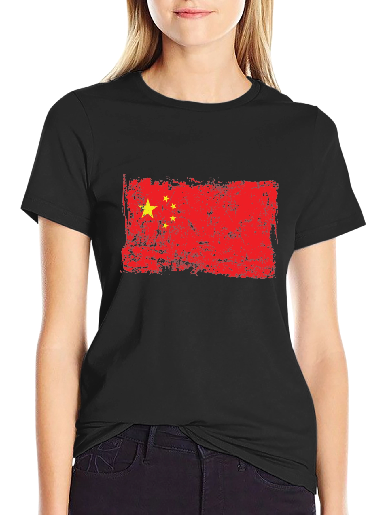 Distressed China Flag Graphic Black T-Shirt