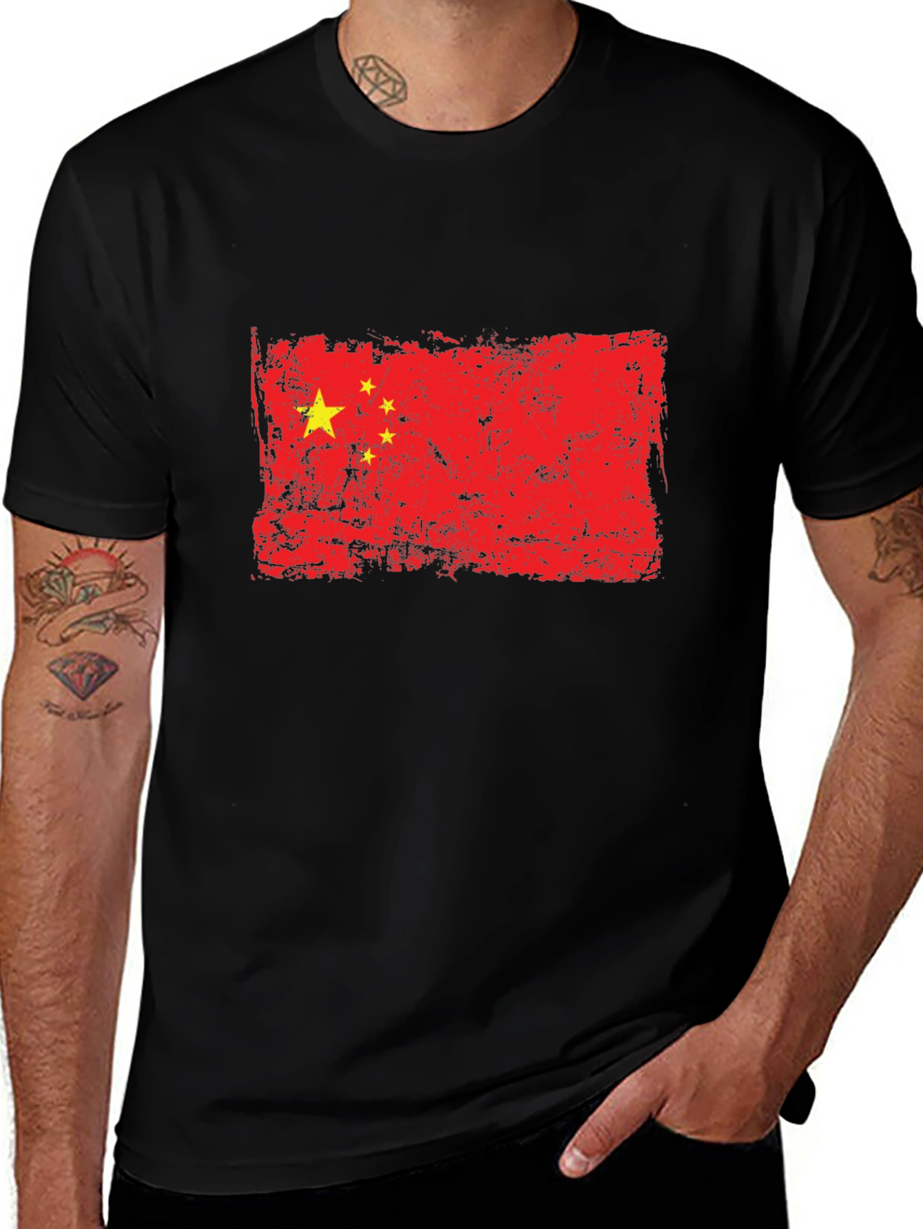Distressed China Flag Graphic Black T-Shirt