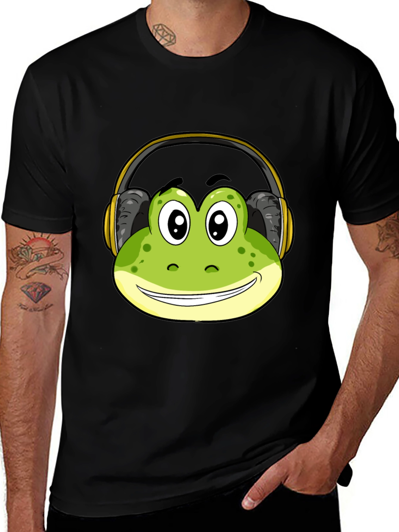 Frog with Headphones Black T-Shirt