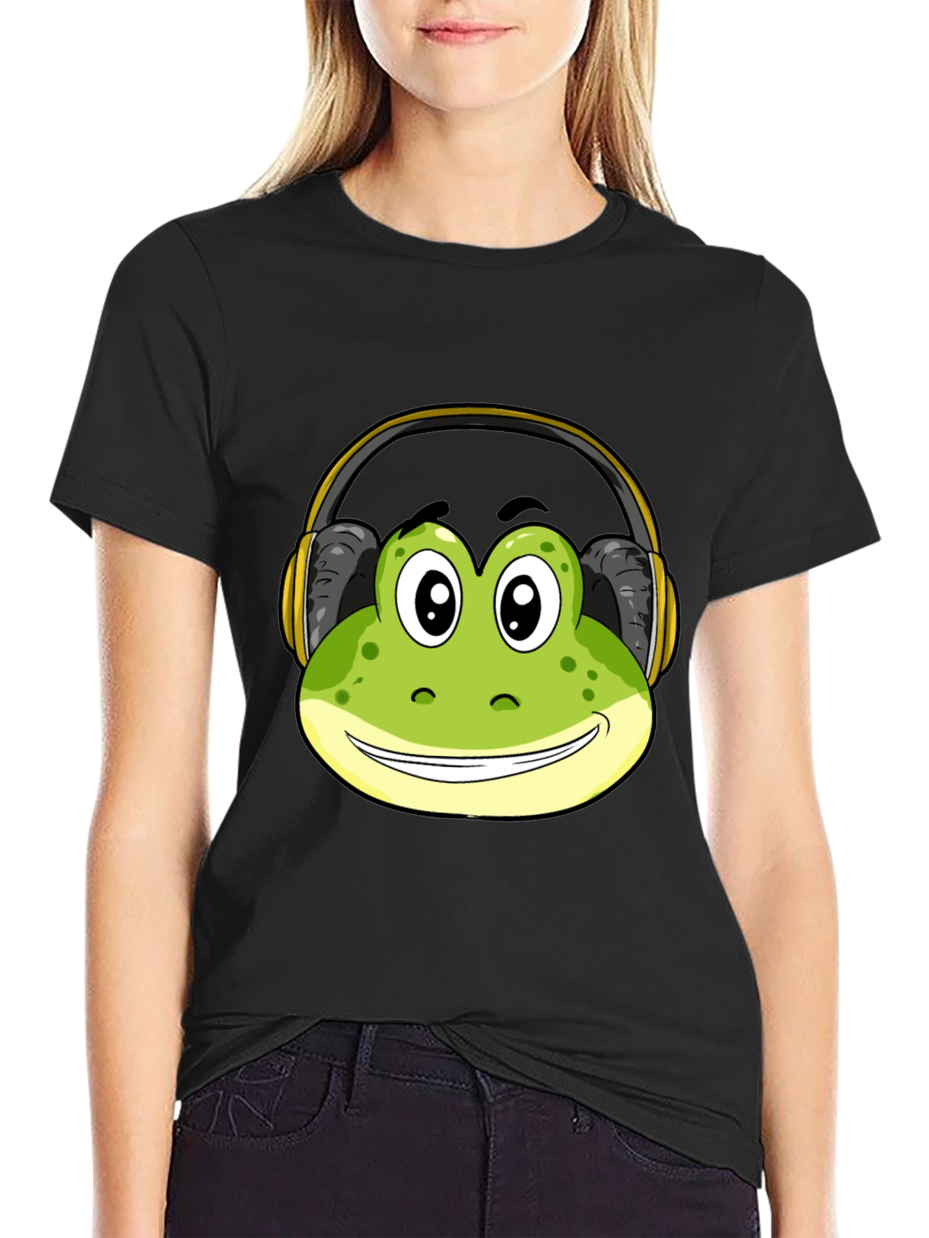 Frog with Headphones Black T-Shirt