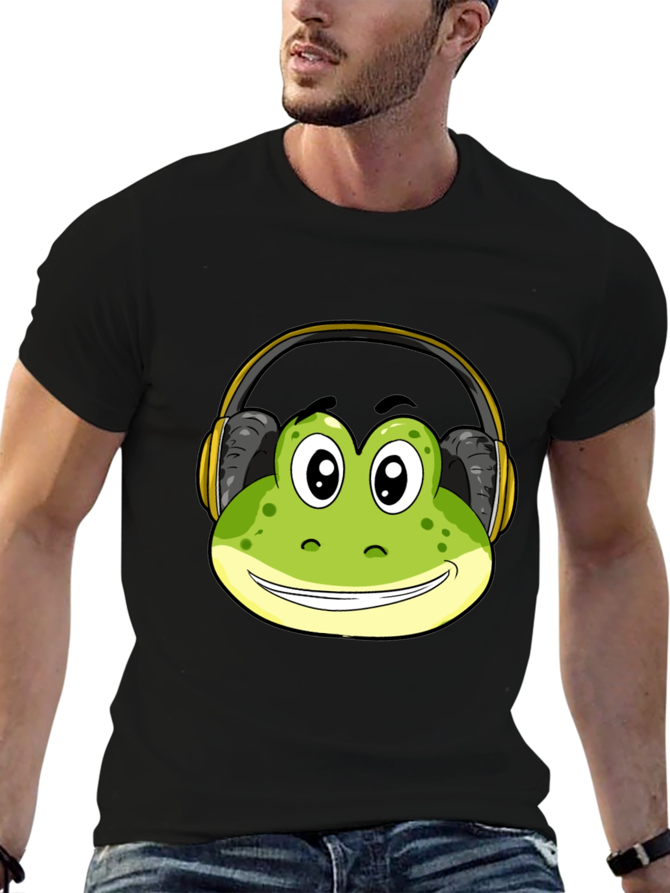 Frog with Headphones Black T-Shirt