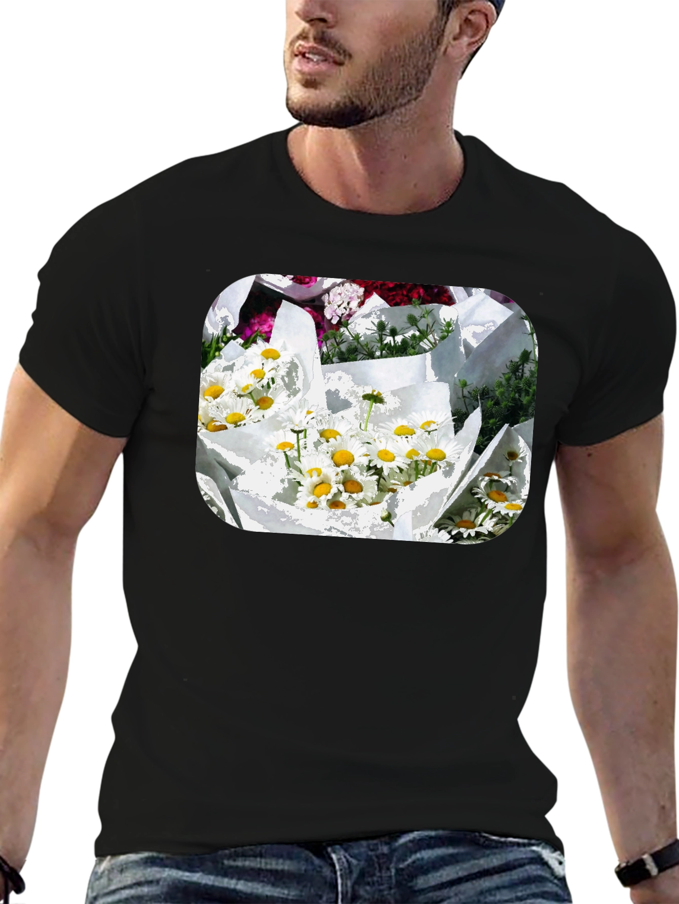 Daisy Bouquet Graphic Tee - Black Cotton Casual T-Shirt