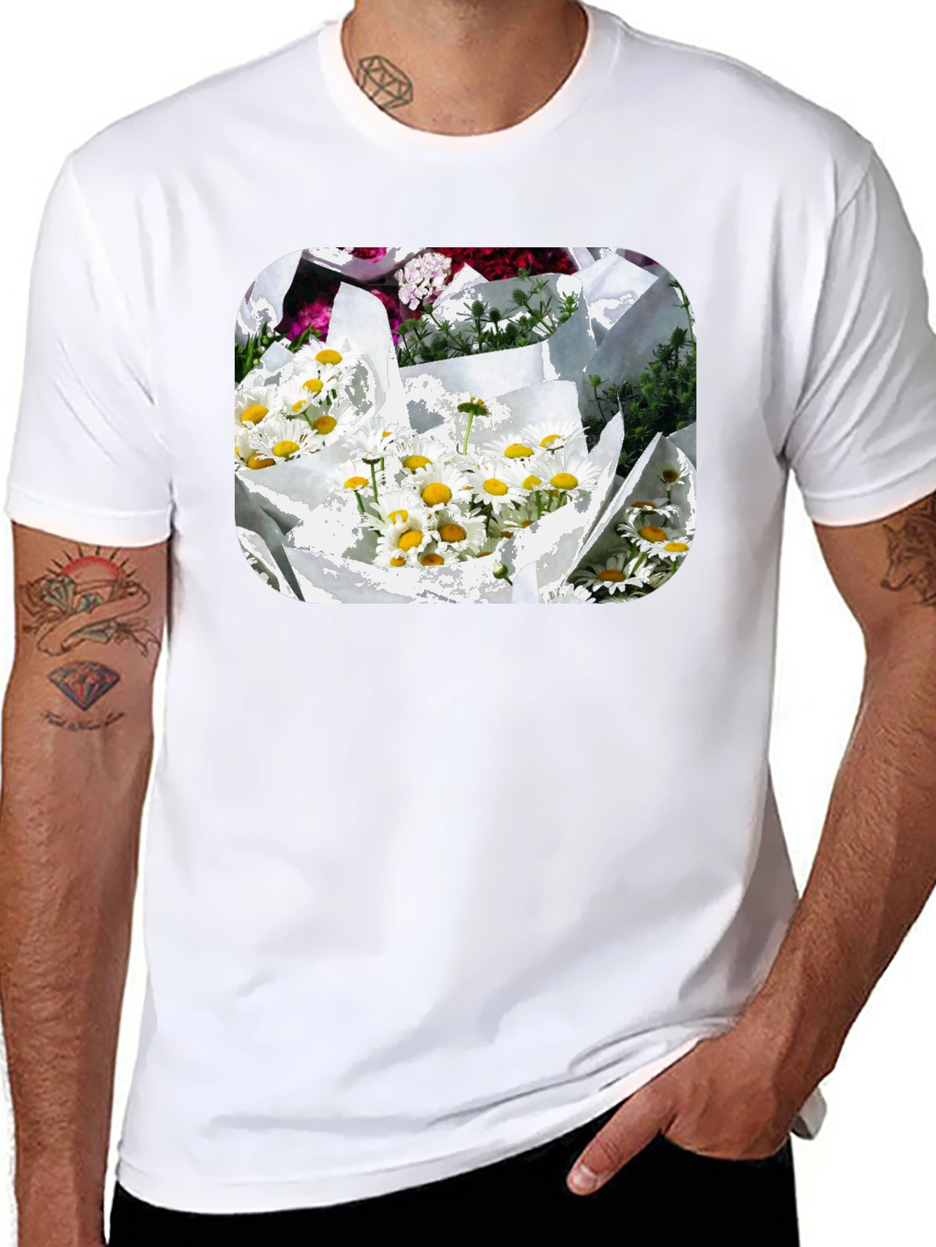 Daisy Bouquet Graphic Tee - Black Cotton Casual T-Shirt