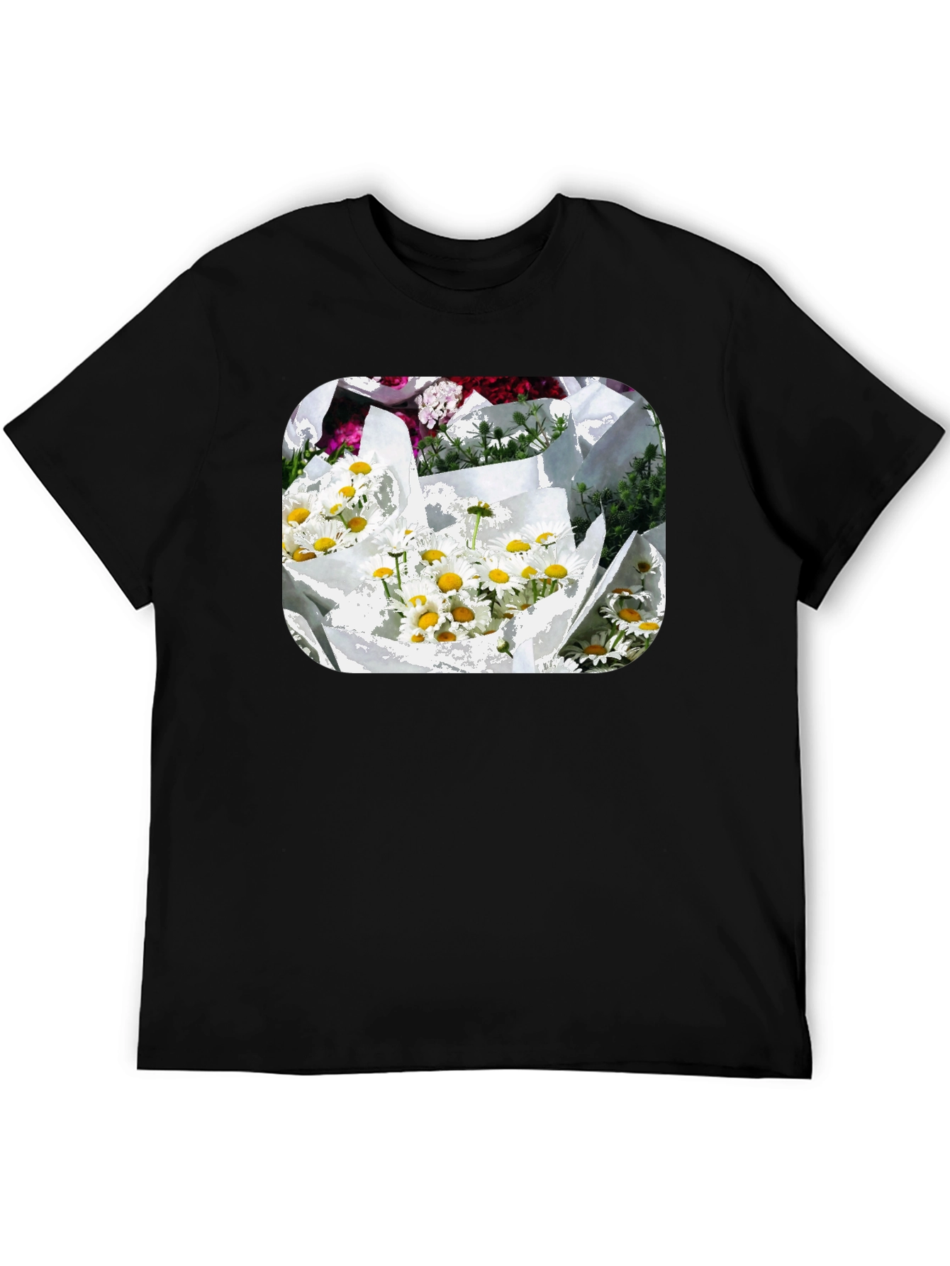 Daisy Bouquet Graphic Tee - Black Cotton Casual T-Shirt