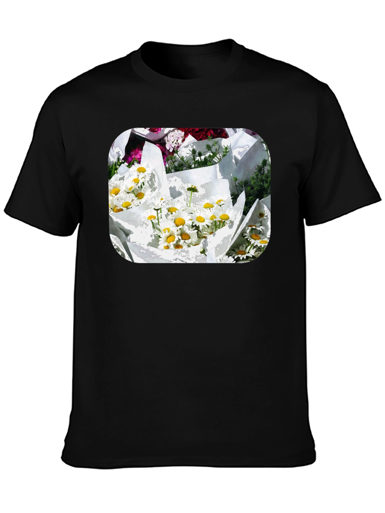 Daisy Bouquet Graphic Tee - Black Cotton Casual T-Shirt