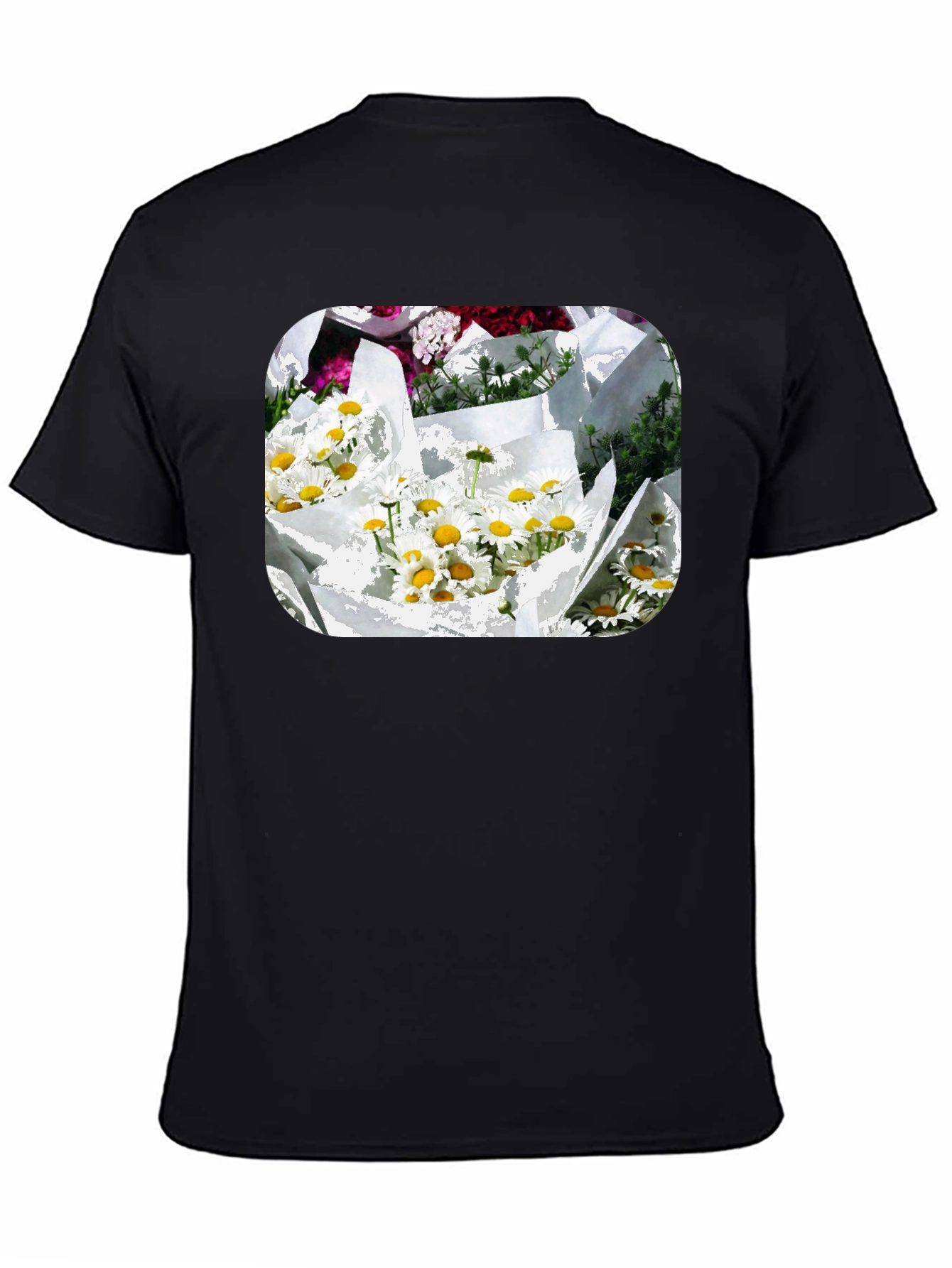 Daisy Bouquet Graphic Tee - Black Cotton Casual T-Shirt