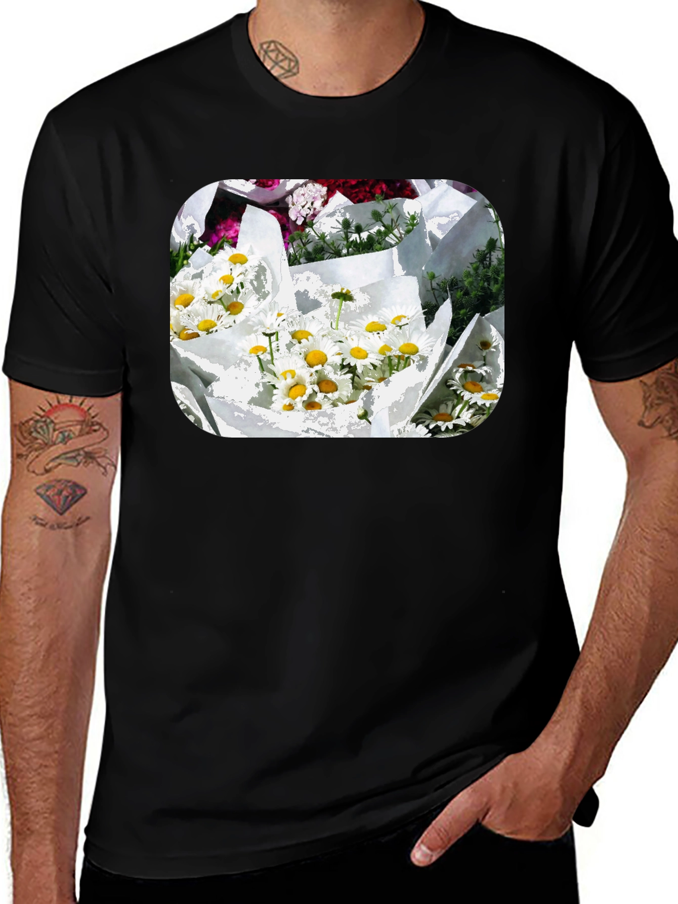 Daisy Bouquet Graphic Tee - Black Cotton Casual T-Shirt