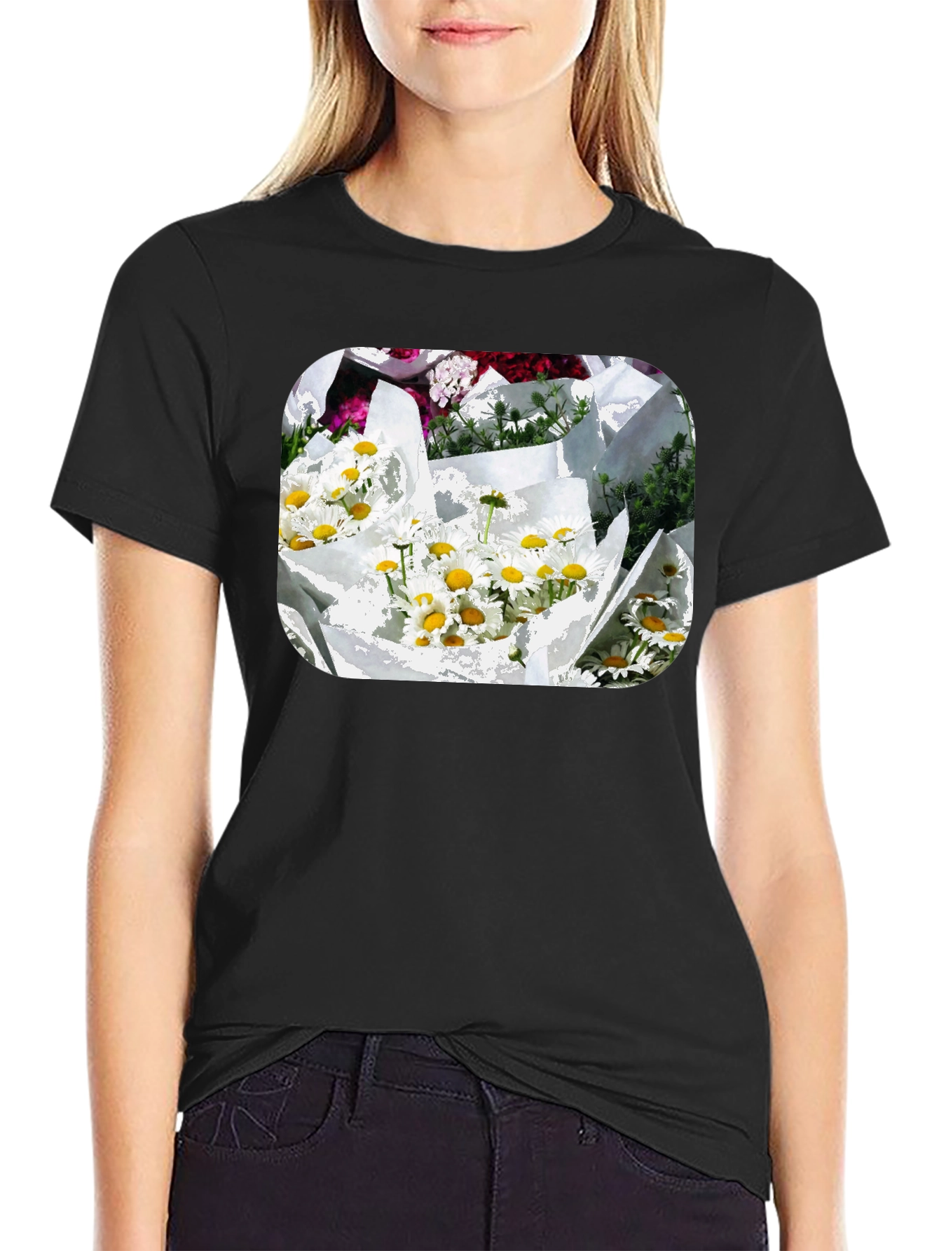 Daisy Bouquet Graphic Tee - Black Cotton Casual T-Shirt