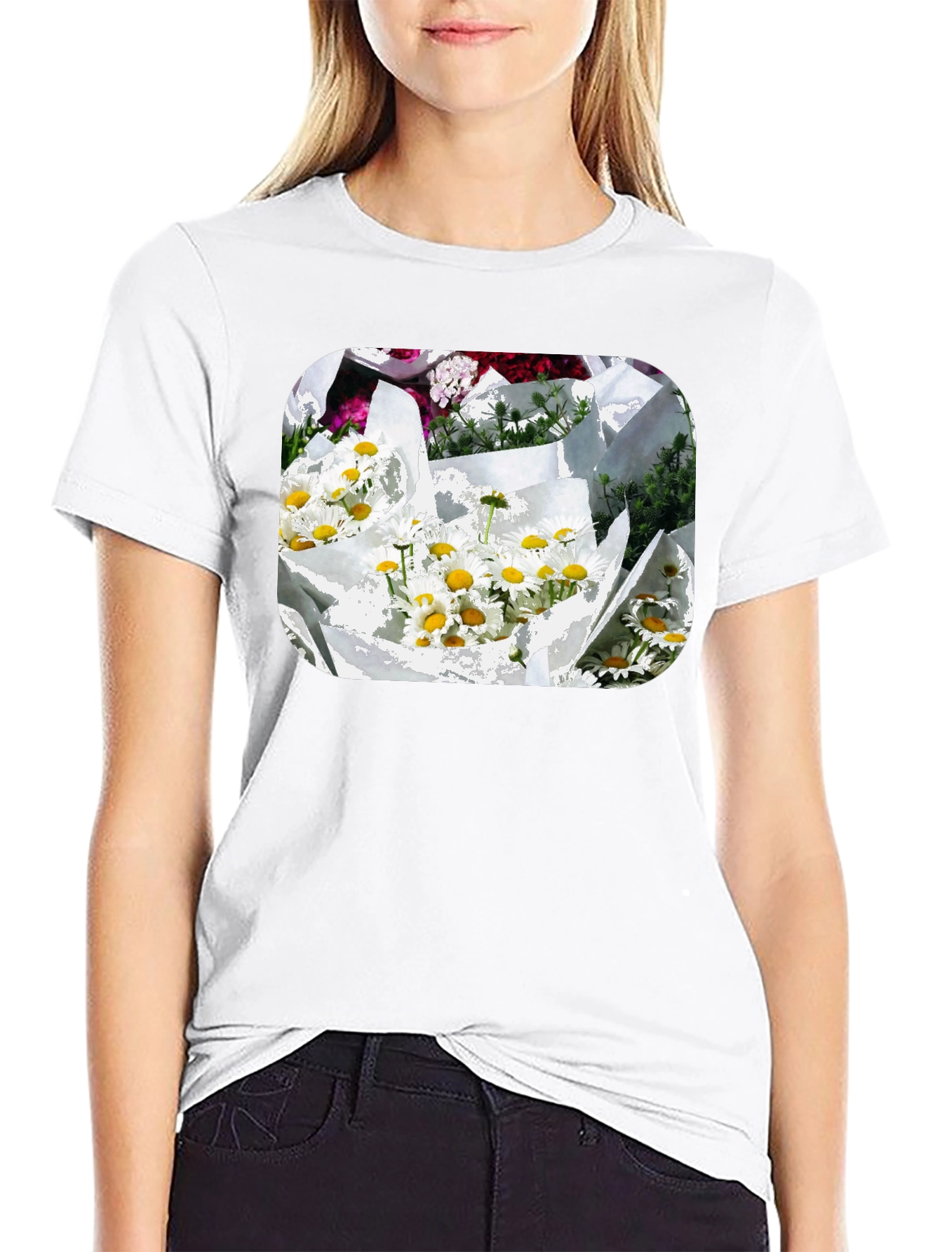 Daisy Bouquet Graphic Tee - Black Cotton Casual T-Shirt