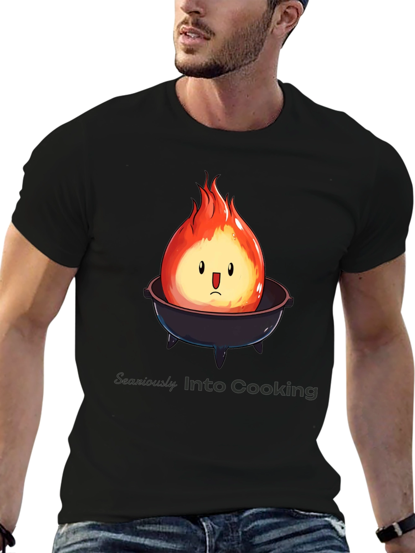 Humorous Fire Character BBQ Grill Black T-Shirt