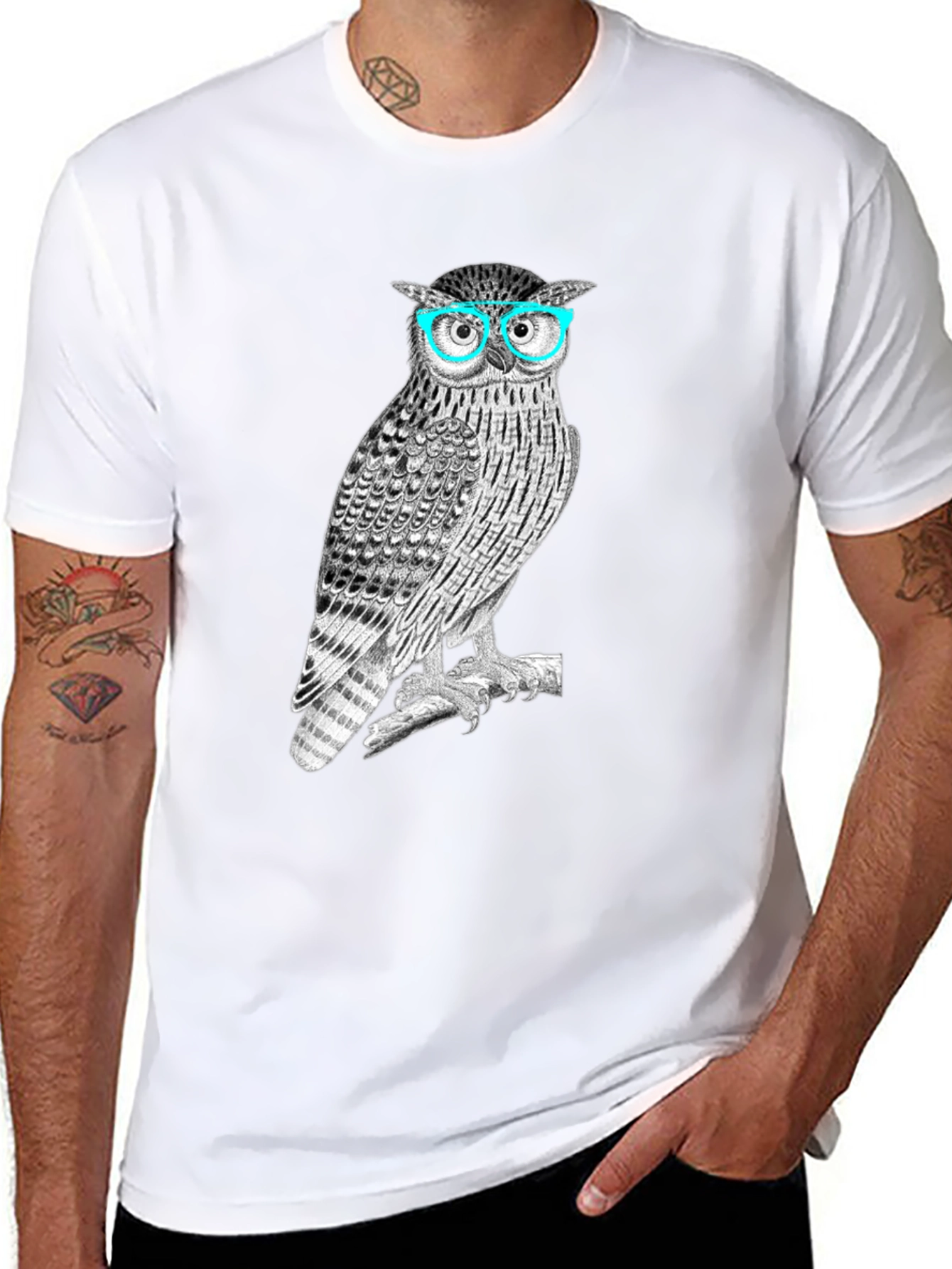 Owl with Glasses Graphic Tee - Mens Black T-Shirt