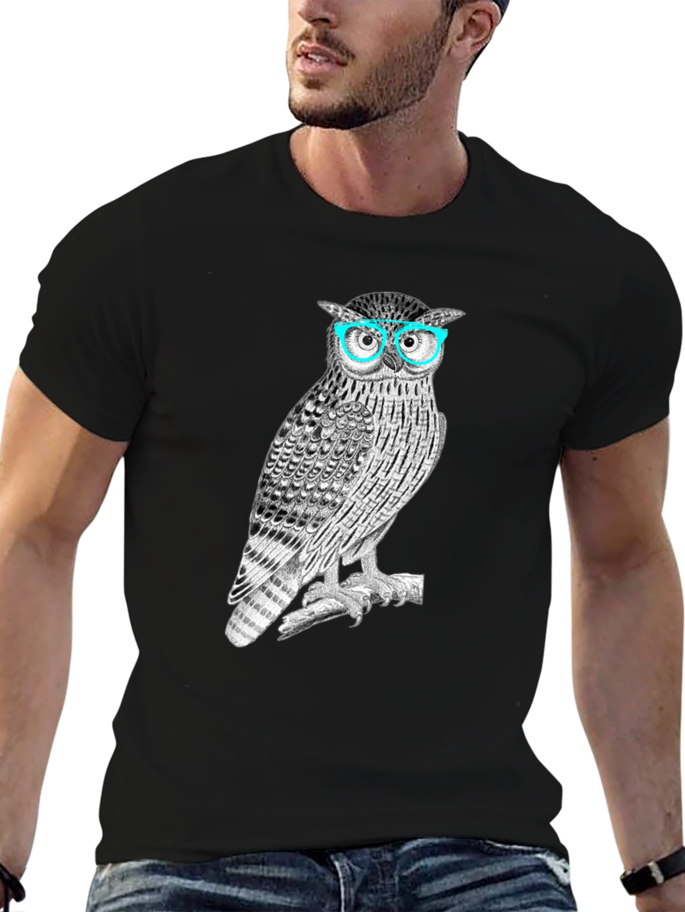 Owl with Glasses Graphic Tee - Mens Black T-Shirt