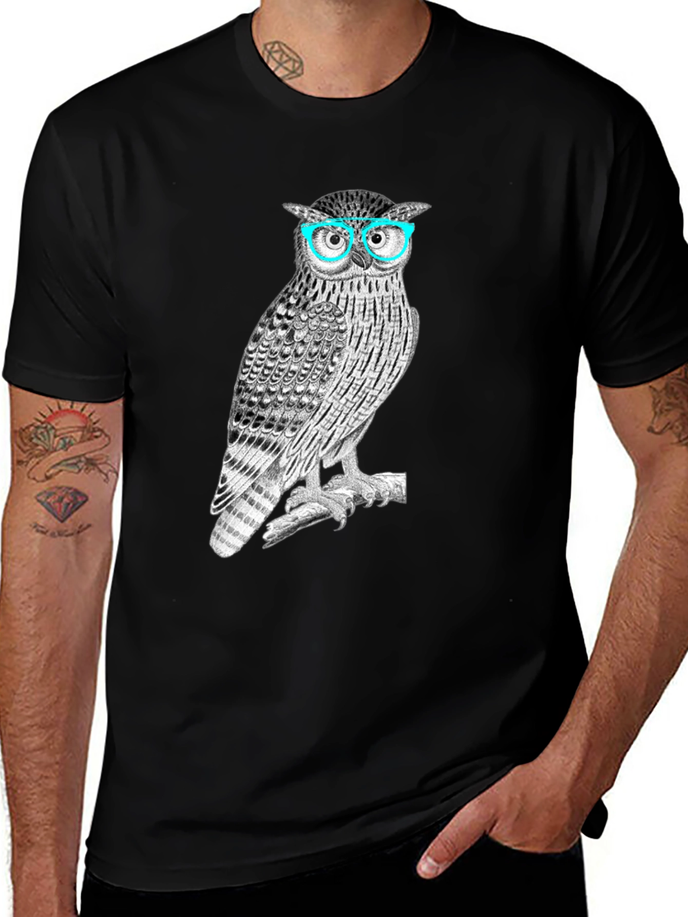 Owl with Glasses Graphic Tee - Mens Black T-Shirt