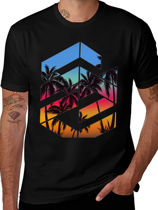 Tropical Palm Tree Sunset Graphic Tee - Stylish Mens T-Shirt