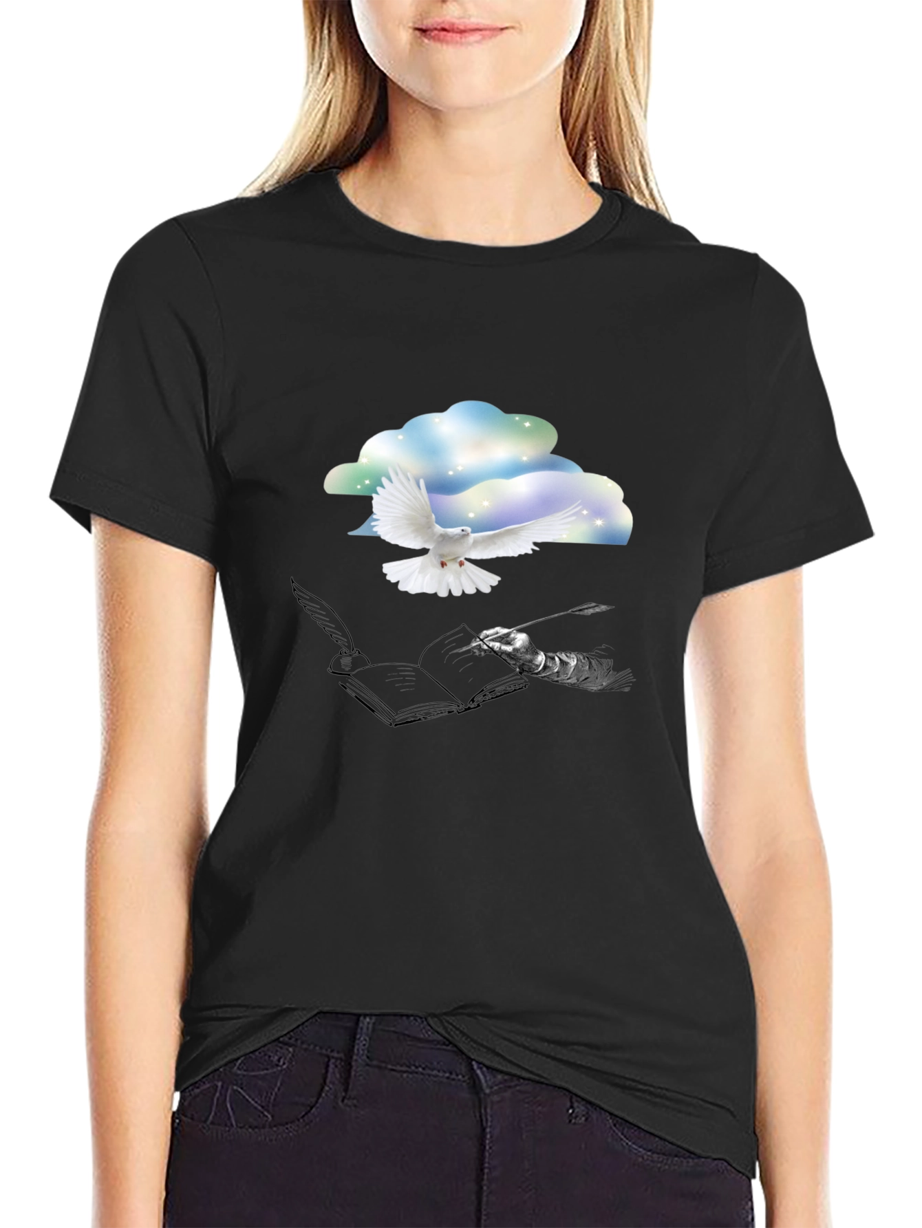 Dove & Writer T-Shirt - Artistic Black Tee