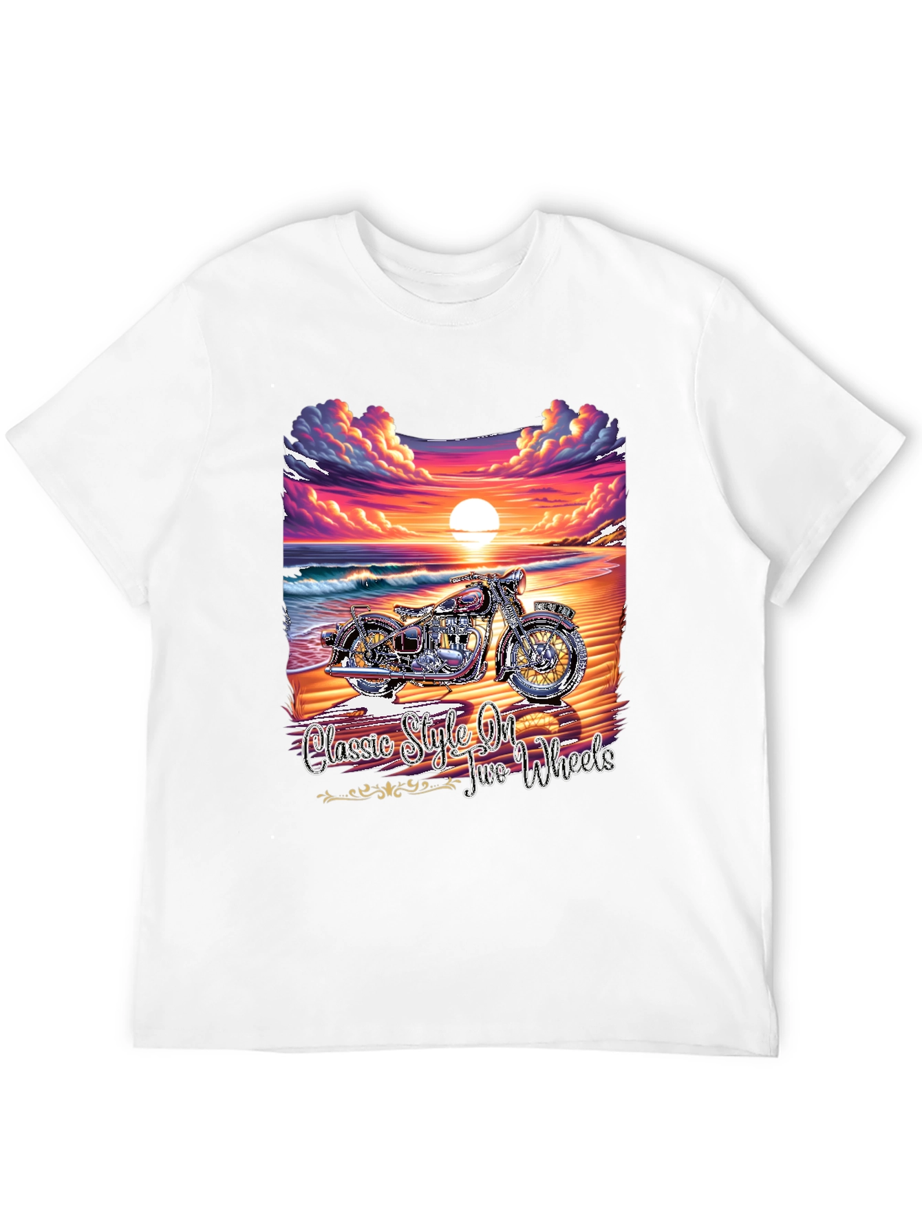 Classic Motorcycle Beach Sunset Graphic T-Shirt