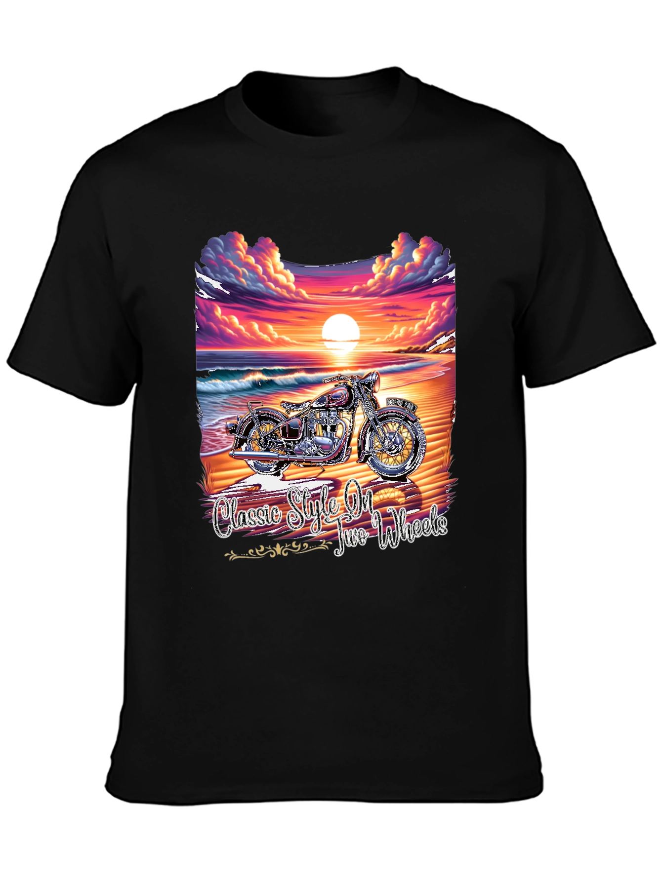 Classic Motorcycle Beach Sunset Graphic T-Shirt