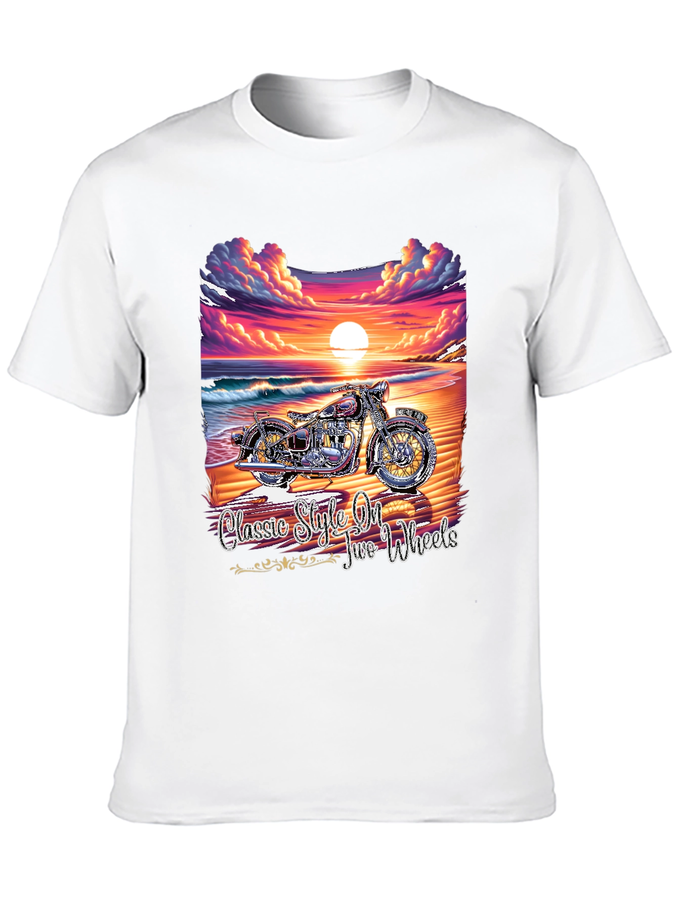 Classic Motorcycle Beach Sunset Graphic T-Shirt
