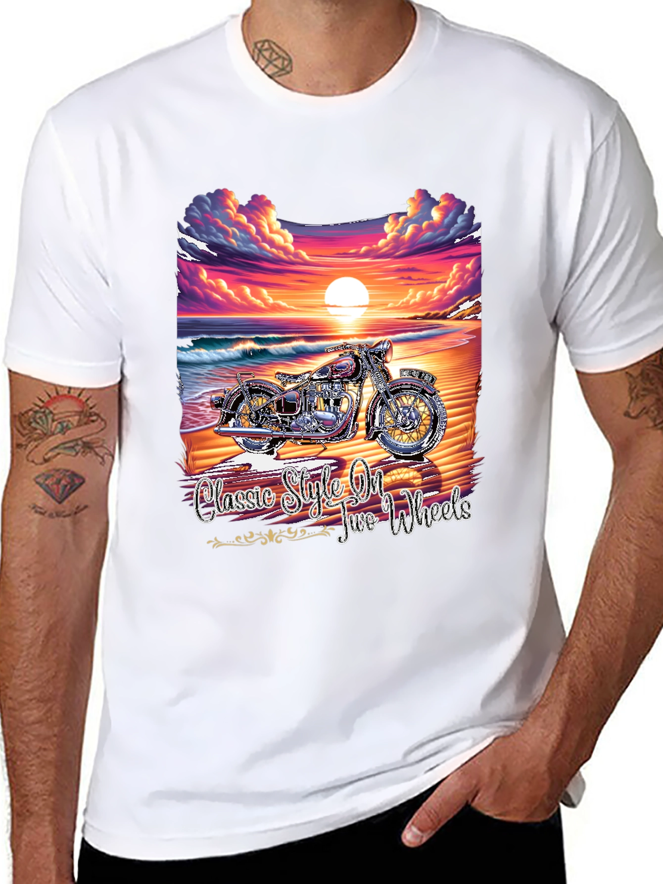 Classic Motorcycle Beach Sunset Graphic T-Shirt