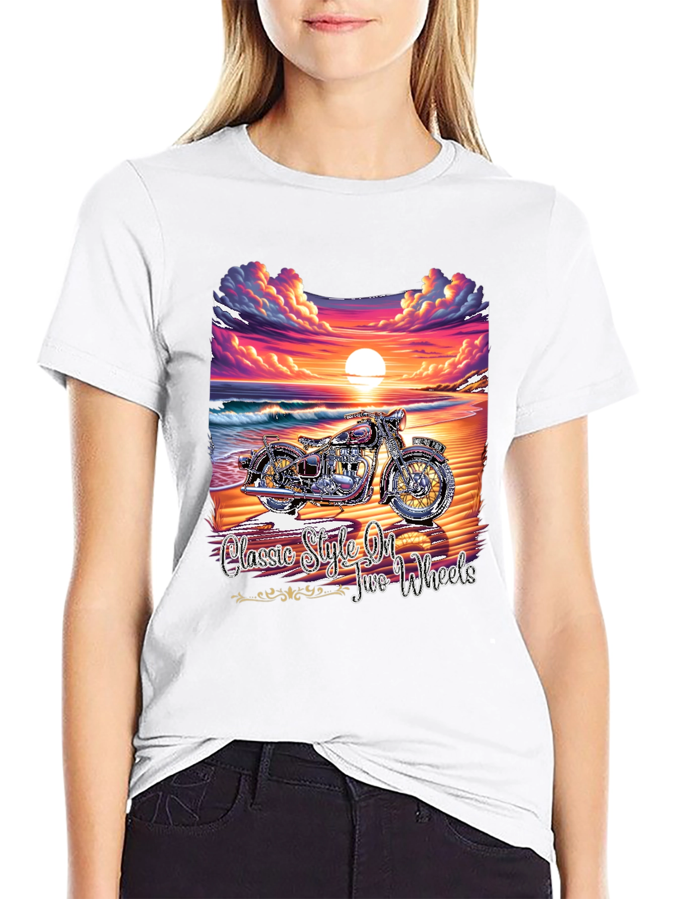 Classic Motorcycle Beach Sunset Graphic T-Shirt