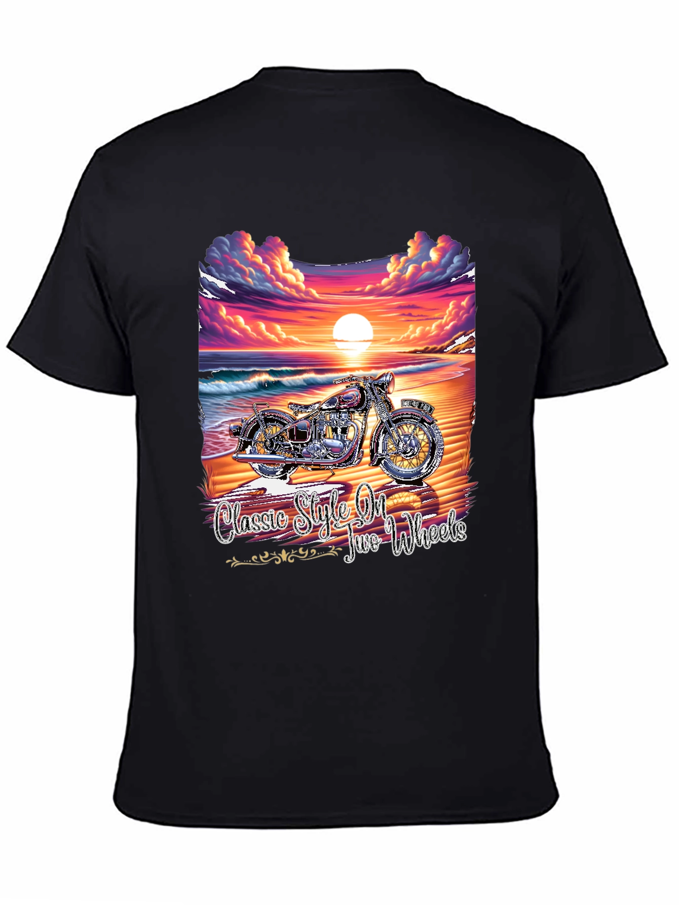 Classic Motorcycle Beach Sunset Graphic T-Shirt