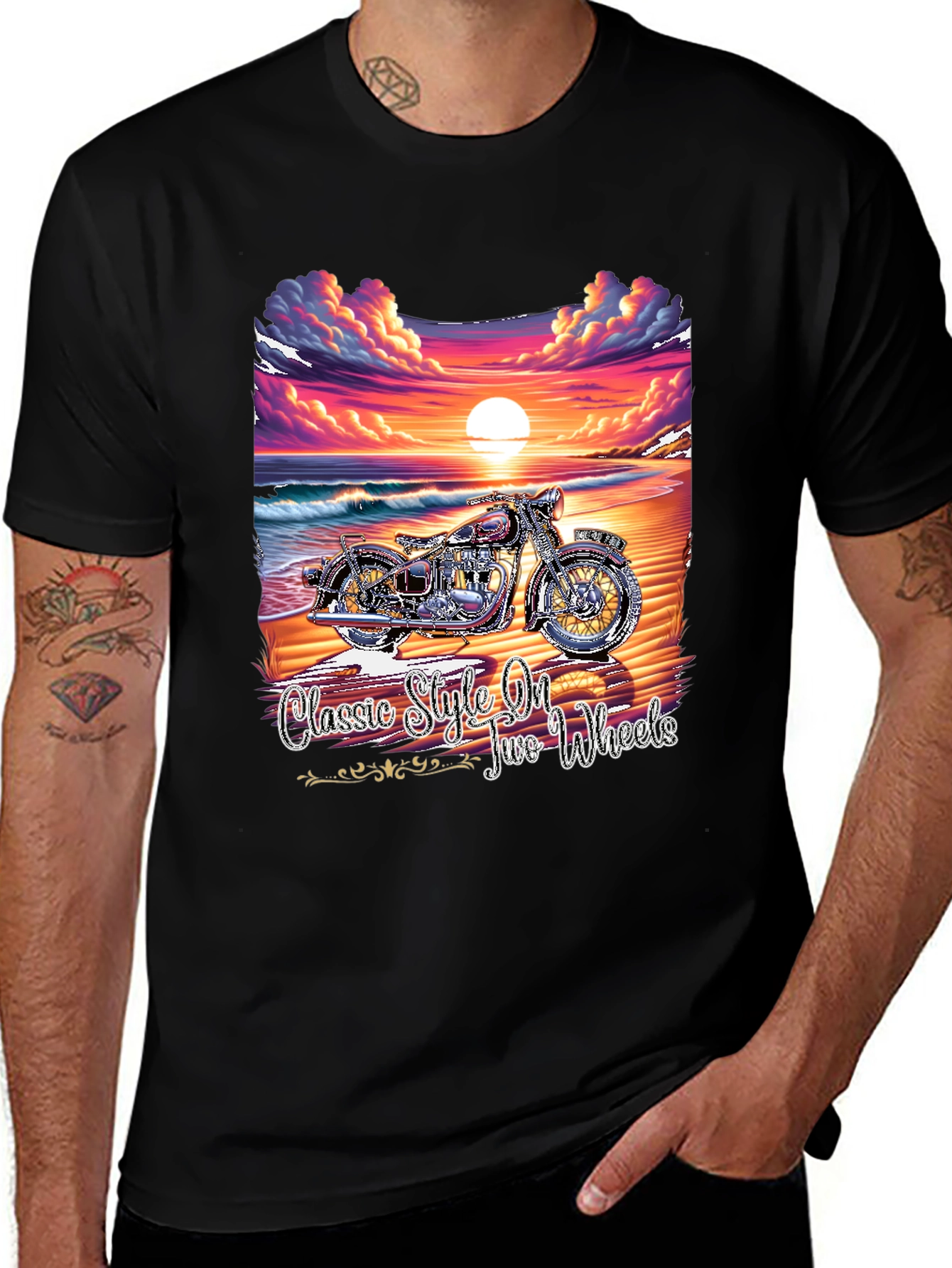 Classic Motorcycle Beach Sunset Graphic T-Shirt