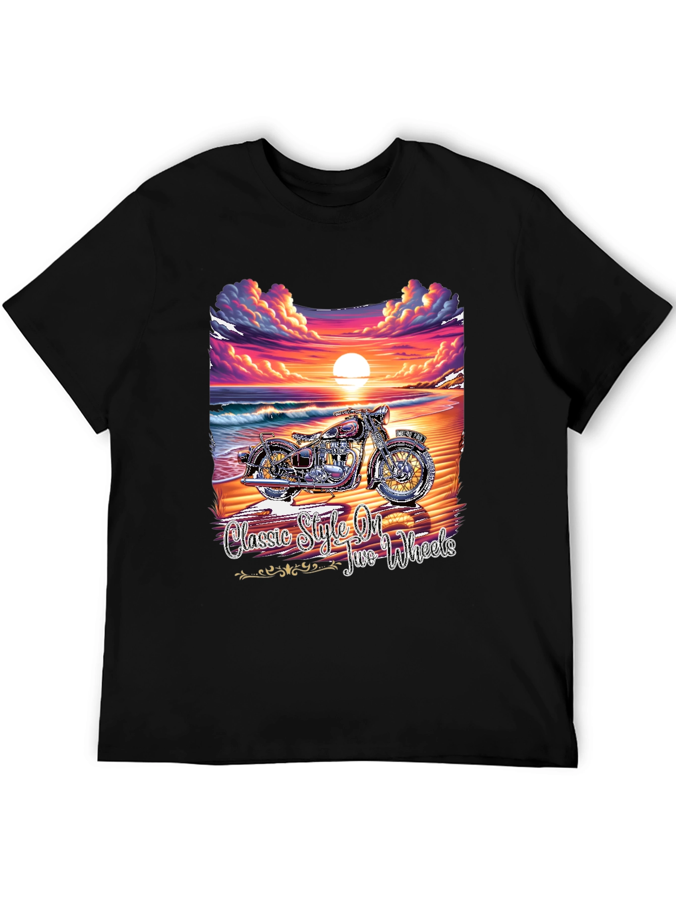 Classic Motorcycle Beach Sunset Graphic T-Shirt