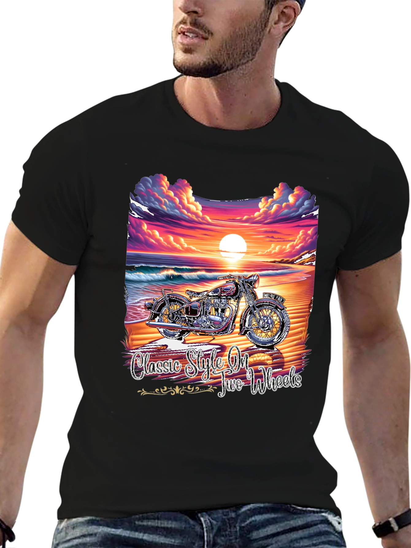 Classic Motorcycle Beach Sunset Graphic T-Shirt