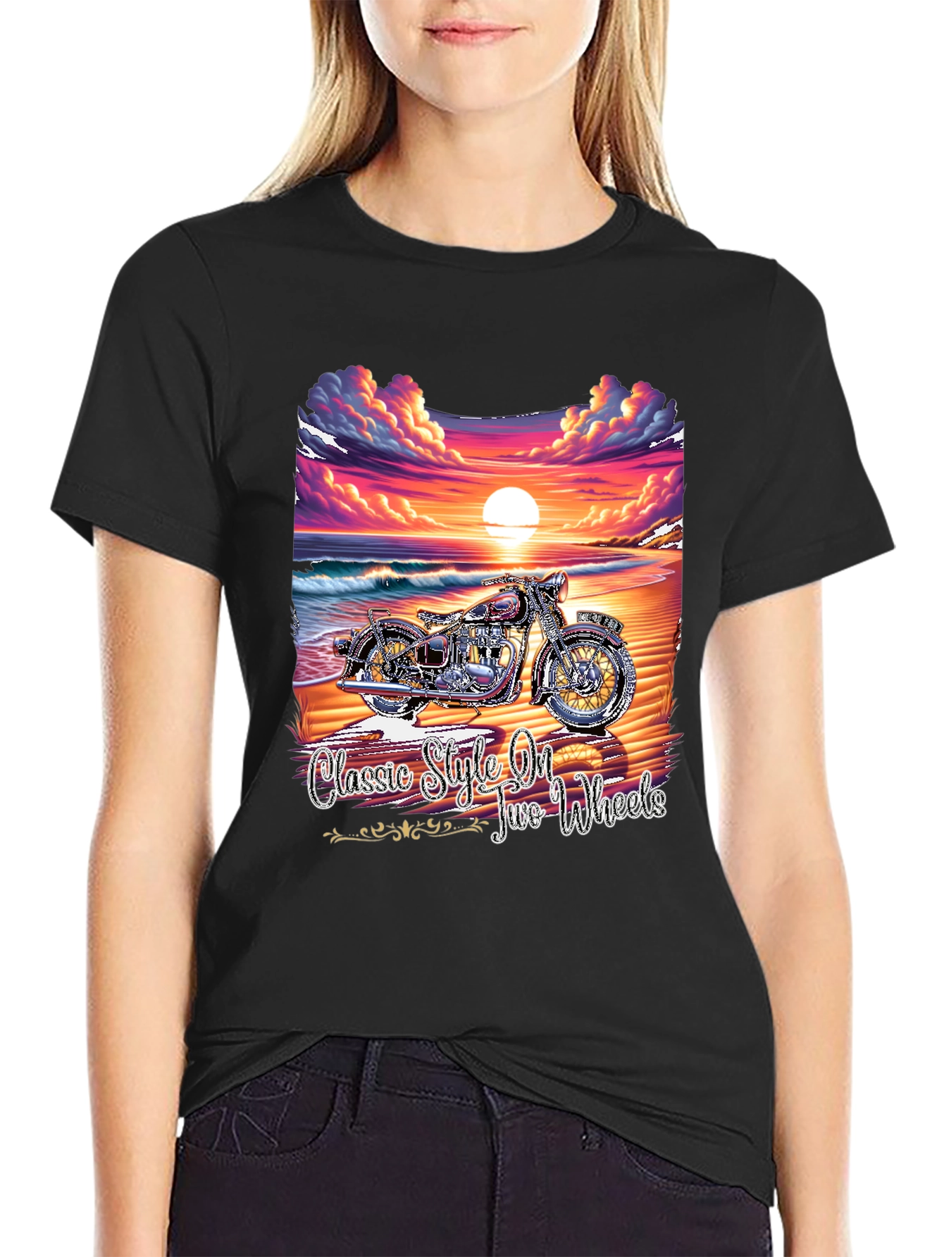 Classic Motorcycle Beach Sunset Graphic T-Shirt